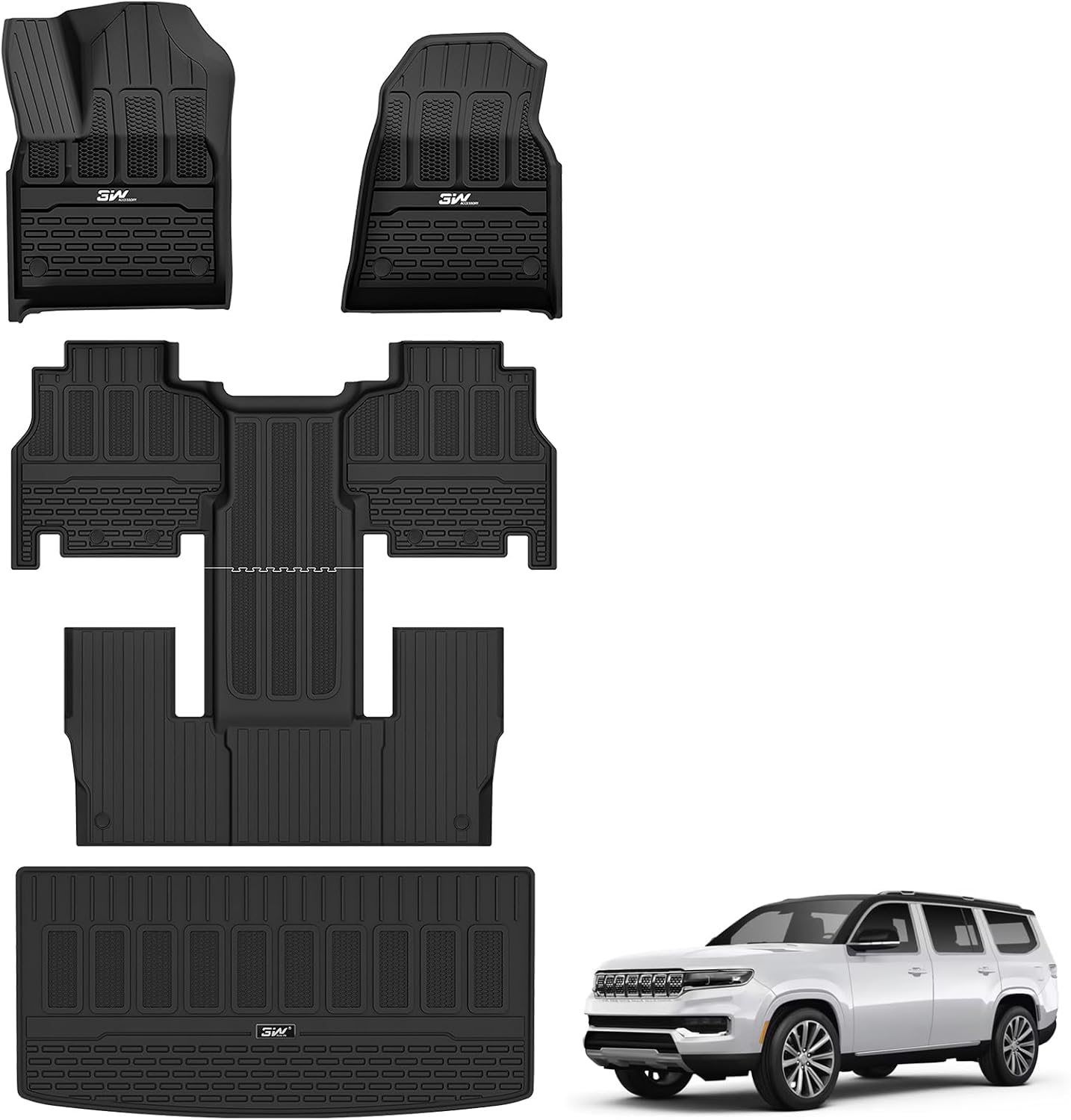 3W Floor Mats & Cargo Liner Fit for Jeep Grand Wagoneer 2022 2023 2024 2025 8 seat (Only Fit Wagoneer 8s), TPE Custom Fit Wagoneer Floor Liner for 1-3 Rows and Trunk Mats Full Set Car Accessories