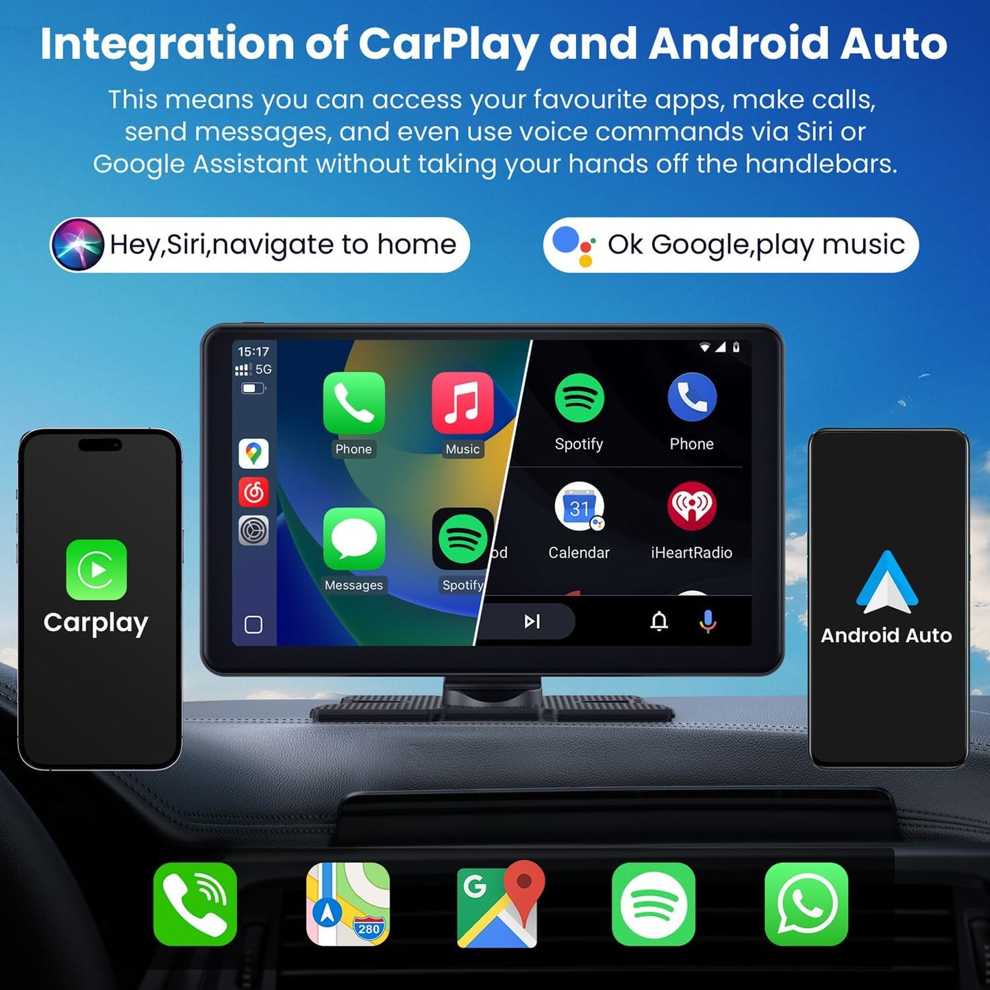 Compatible Wireless Apple CarPlay Android Auto Screen for Car, 2K Dash Camera 9 Inch 1080P Touch Screen Stereo Bluetooth Portable GPS Navigation Vedio Player Mirror Link, Airplay, Siri, Voice Control