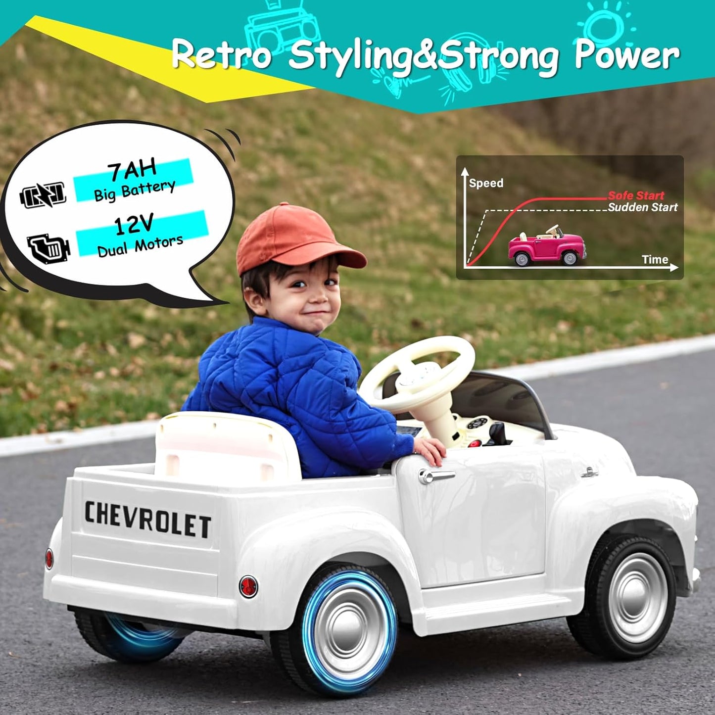 Joywhale 12V Kids Ride on Car Licensed Chevrolet 3100 Pickup Battery Powered Motorized Electric Car, with 7AH Big Battery, 2.4G Remote Control, 3-Speeds, Storage Space, Music, Retro Style, White