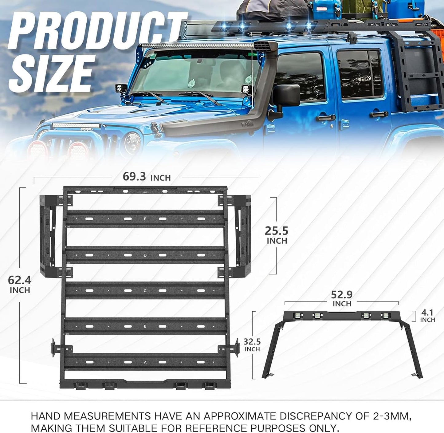 for JK JKU Roof Rack Hard Top Cargo Basket with Ladder & 4 LED Lights Compatible with 2007-2018 Jeep Wrangler JK JKU Unlimited 4 Doors Hardtop, Rooftop Rack Carrier Luggage Storage Holder
