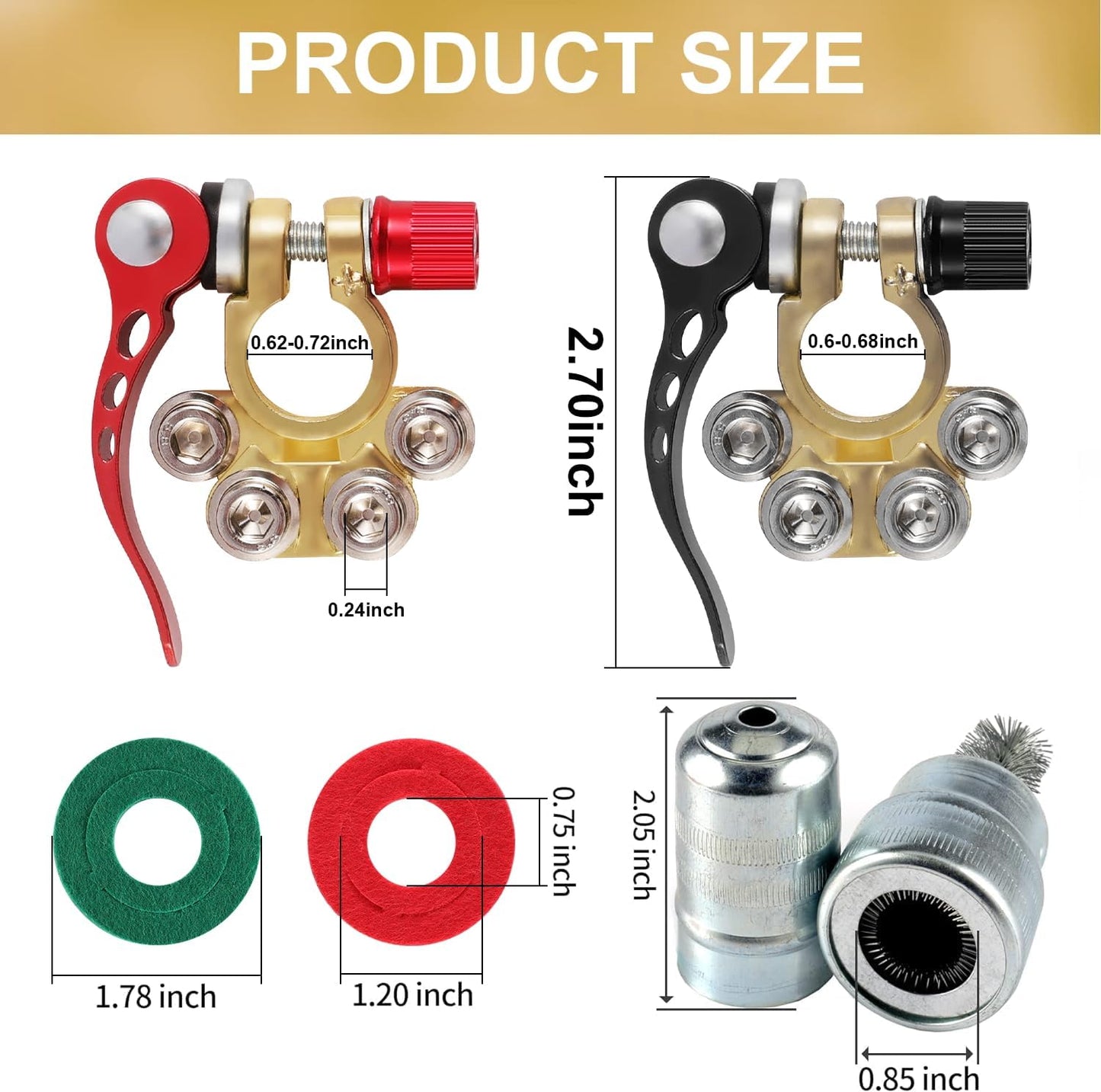 SINGARO Car Battery Terminal Connector, 4 Way Positive and Negative Pole Quick Release Terminal Clip, Applicable to SAE/JIS A Type Terminal Post, Compatible with Cars, Trucks and More（Gold-B）