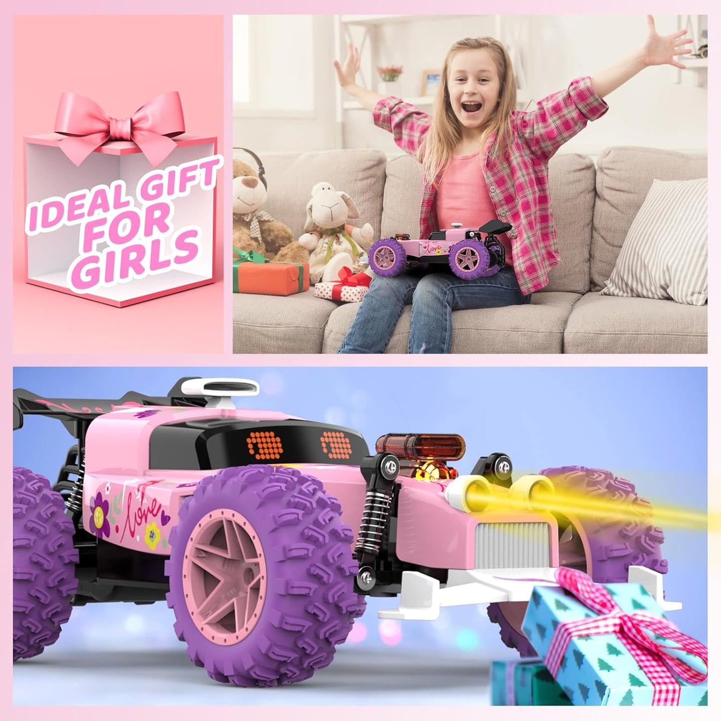Pink Remote Control Car for Girls, RC Race Car Girl Toy with Colored Lighting Eyes, Rechargeable Battery, 2.4GHz RC Toy Vehicle for Kids, Birthday Christmas Toy Gifts.