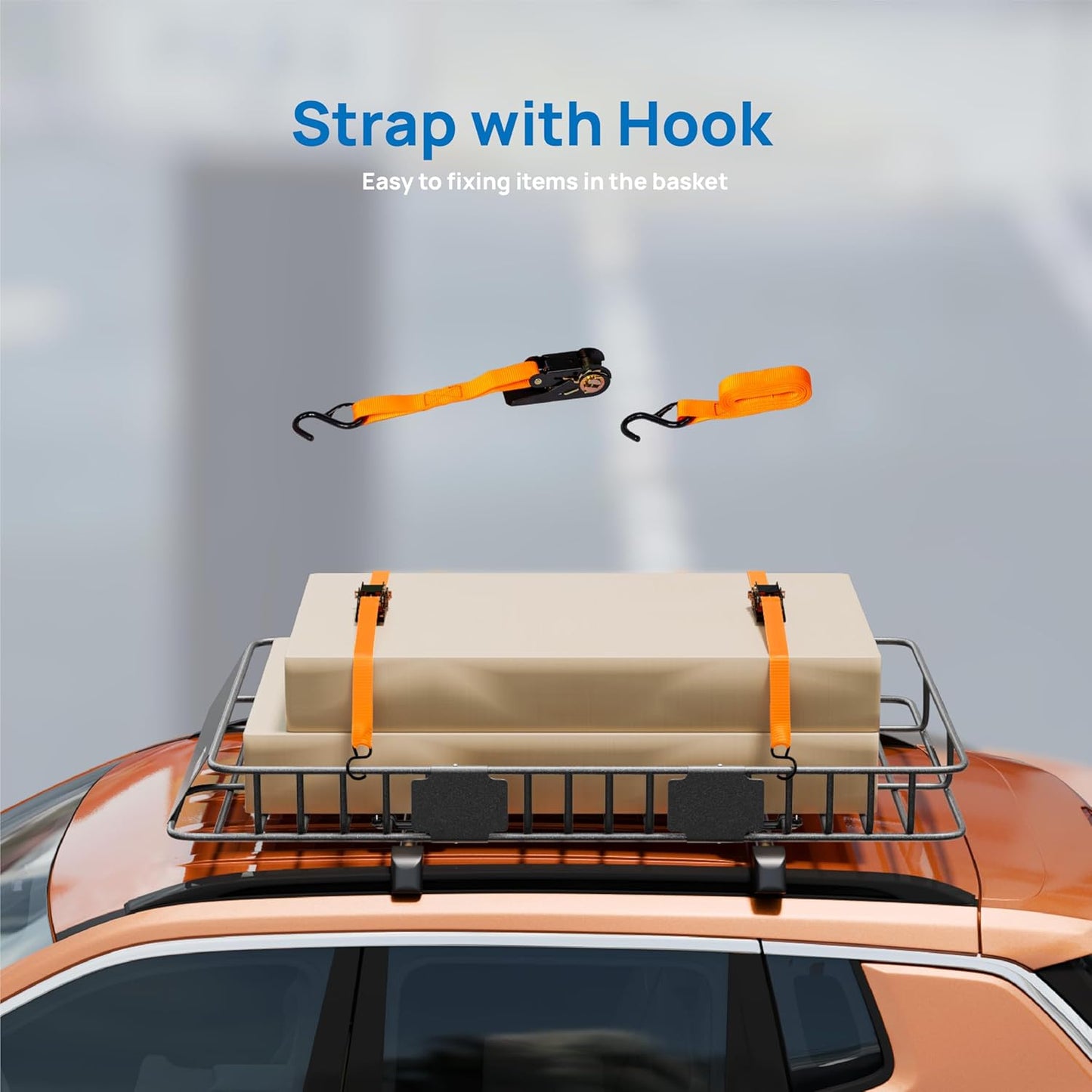 TUFFIOM 64"x 39"x 6" Universal Rooftop Cargo Carrier Basket, Extendable Steel Roof Rack Basket w/Straps with Hook, Heavy Duty Car Top Rack Luggage Holder Carrier Basket for SUV Car Truck Van