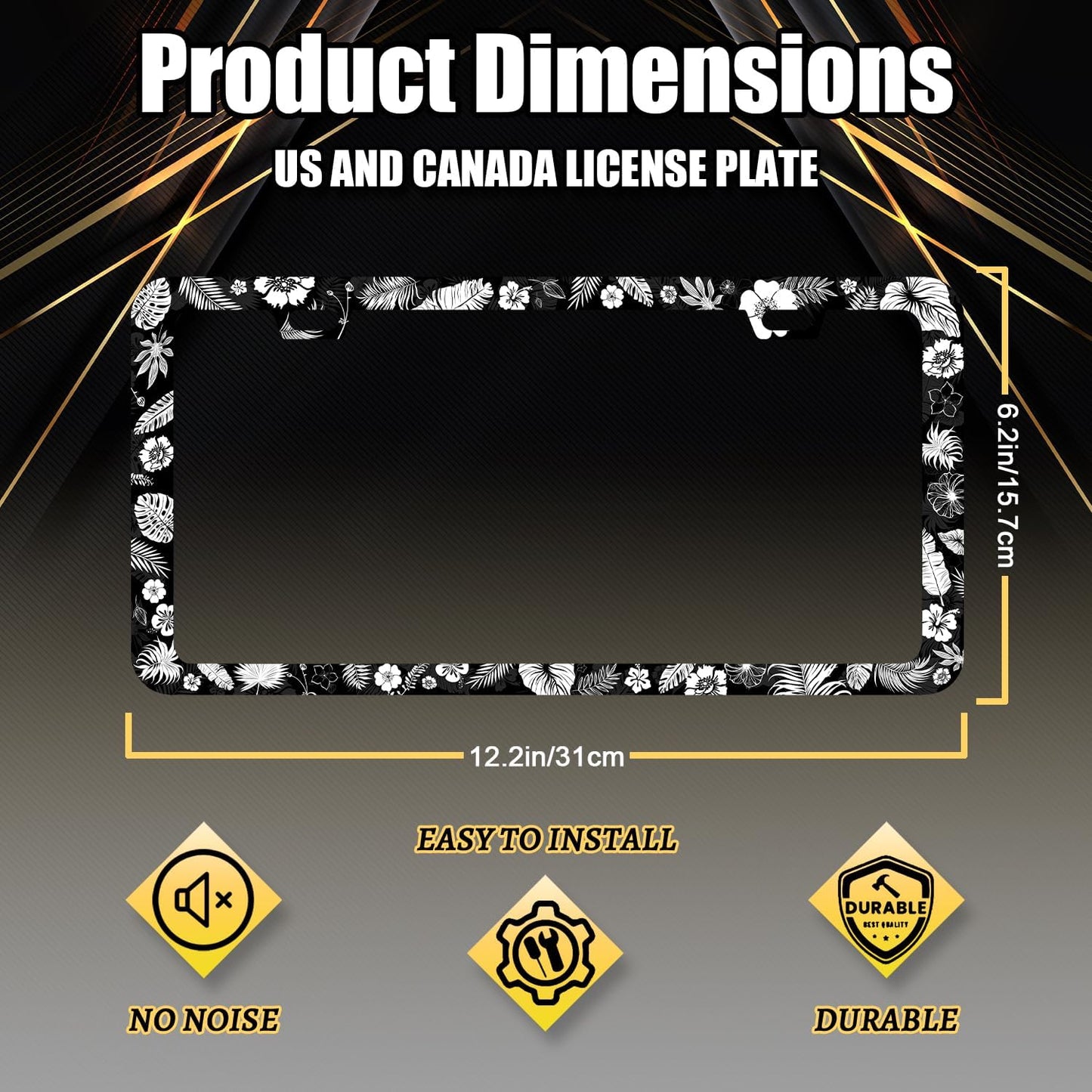 Tropical Flowers Leaves License Plate Frame Hawaiian Hibicus License Plate Holder Stainless Steel Front and Rear Car Tags Auto Parts Colorful License Plate Women Decoration with Screws 12.2" x 6.2"