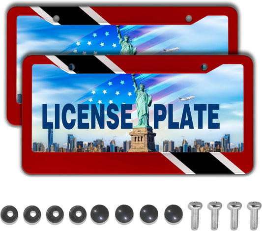 Car Plate Frame Red, Black, White License Plate Frames Trinidad and Tobago Flag Aluminum Metal Car Accessory 2 Pack with Screw Covers Set