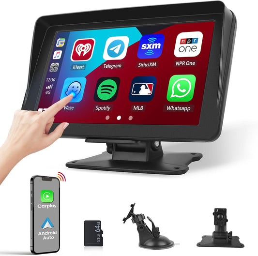 【64G TF Card】 Portable Wireless Apple CarPlay and Android Auto Screen for Car, 7" 1080P HD Touch Screen Car Stereo with Airplay, Mirror Link, Bluetooth, AUX,FM Transmitter for All Vehicle