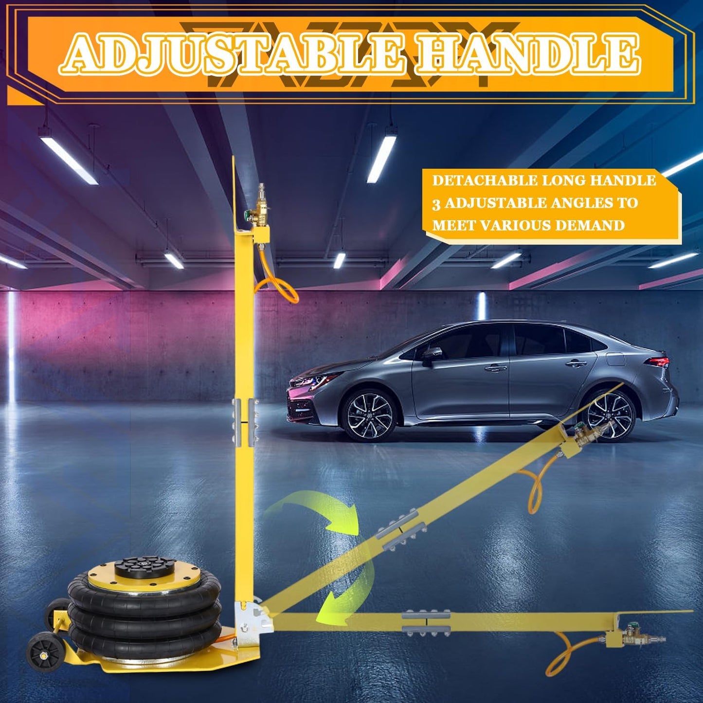 3T Triple Bag Air Jack 6600lbs Pneumatic Jack 3s Fast Lift Up 16in Airbag Jack with Adjustable Long Handle Heavy Duty Triple Air Bag Jack Lift for Cars Garage (Yellow)