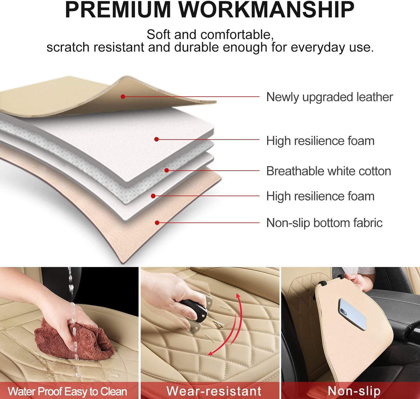 2 Pack Leather Front Car Seat Covers, Universal Sideless Car Seat Protectors with Storage Pocket and Seat Belt Pads, Waterproof Automotive Seat Cover for Cars Trucks SUV(Beige)