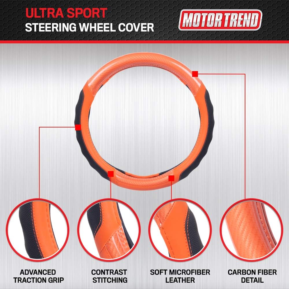 Motor Trend SW-812 Orange Ultra Sport Pebbled Leather Steering Wheel Cover with Carbon Fiber Detail-Universal Fit for Standard Sizes 14.5 to 15.5 inches Black