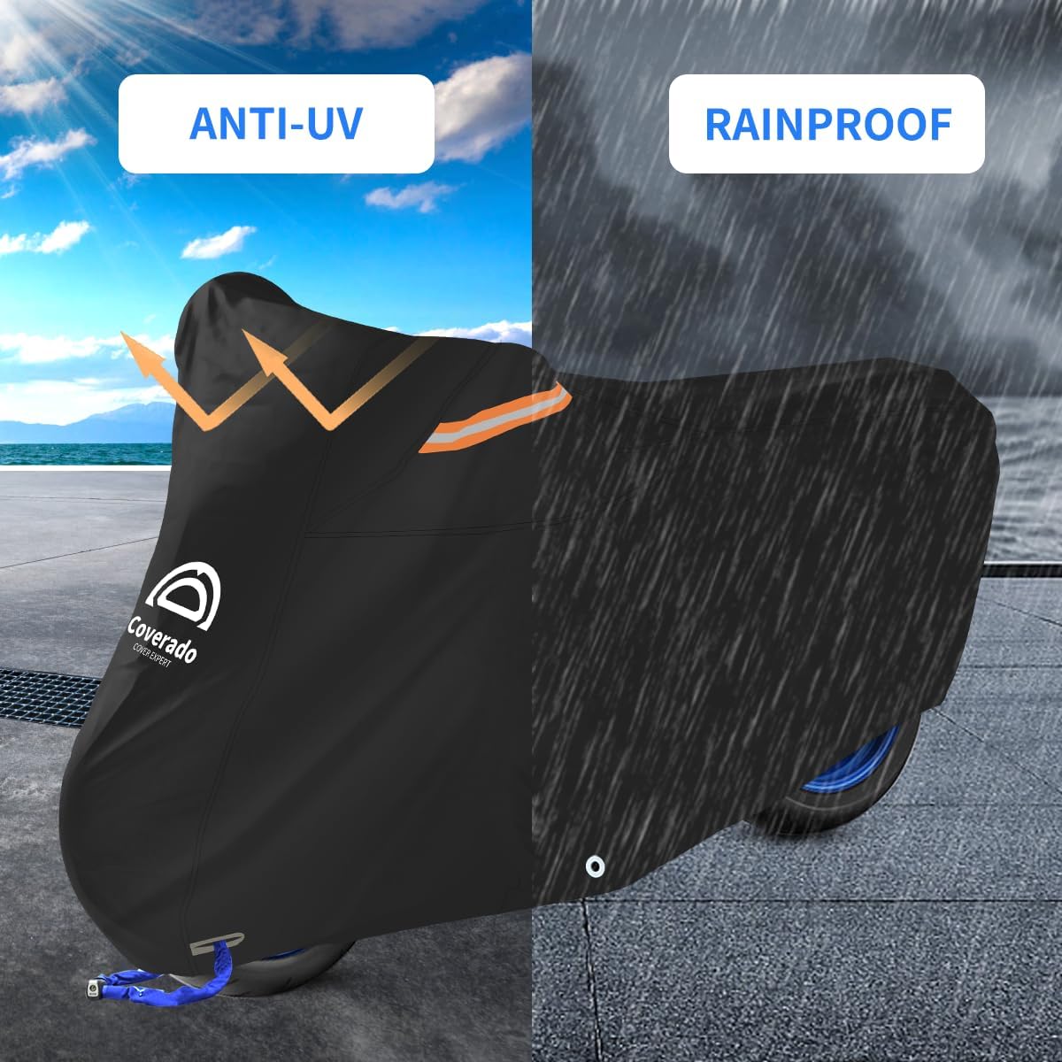 Motorcycle Cover, Motorcycle Cover Waterproof Outdoor with Lock Holes and Inner Flame Retardant Cloth Snow Rain Uv Protection Motorcycle Covers Fit for Harley Davidson Yamaha Etc (Up to 97'' Length)