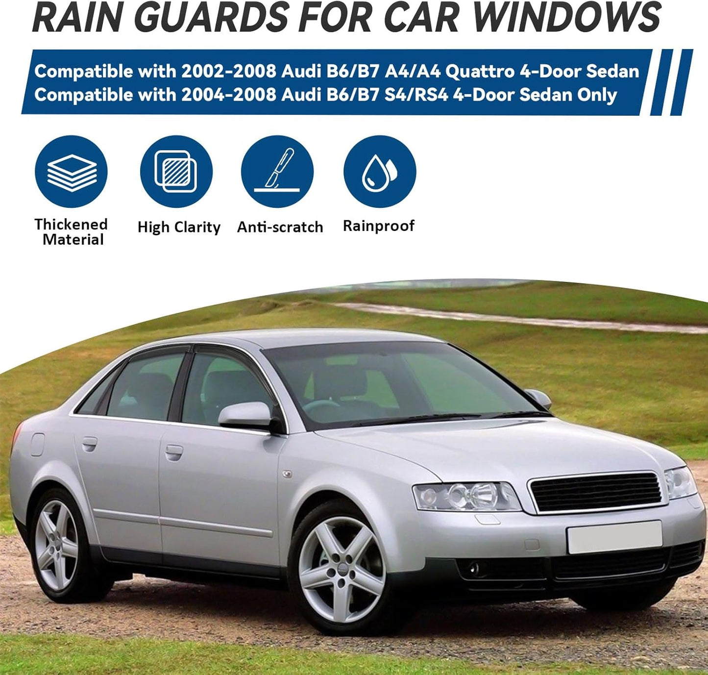 4pcs Front+Rear Smoke Tint Sun/Rain Guard Outside Mount Tape-On Vent Window Visors Compatible with 02-08 B6/B7 A4/A4 Quattro 04-08 S4/RS4 4-Door Sedan