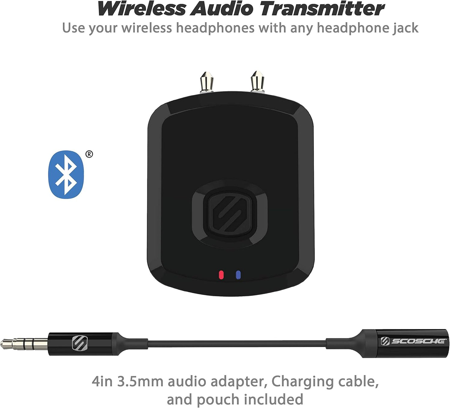 Scosche BTT-SP FlyTunes Universal Portable Bluetooth 4.1 Wireless Audio Transmitter for Use with AirPods, Earbuds/Headphones, TV’s and More - Black