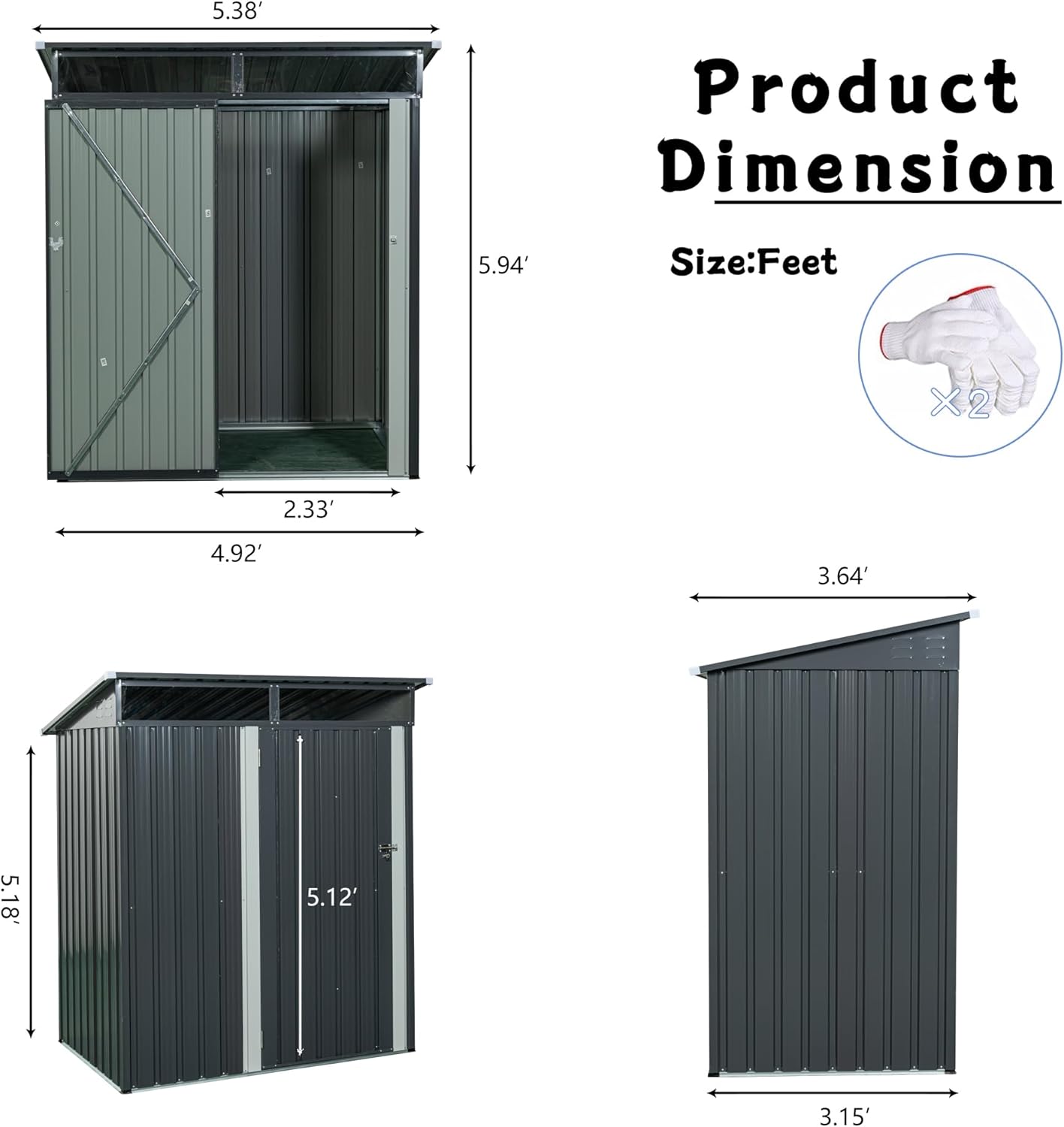 Metal 5x3 FT Garden Storage Shed, Outdoor Small Shed with Sloped Water-Resistant Roof and Lockable Door for Backyard, Patio,Garage and Bike Storage Grey