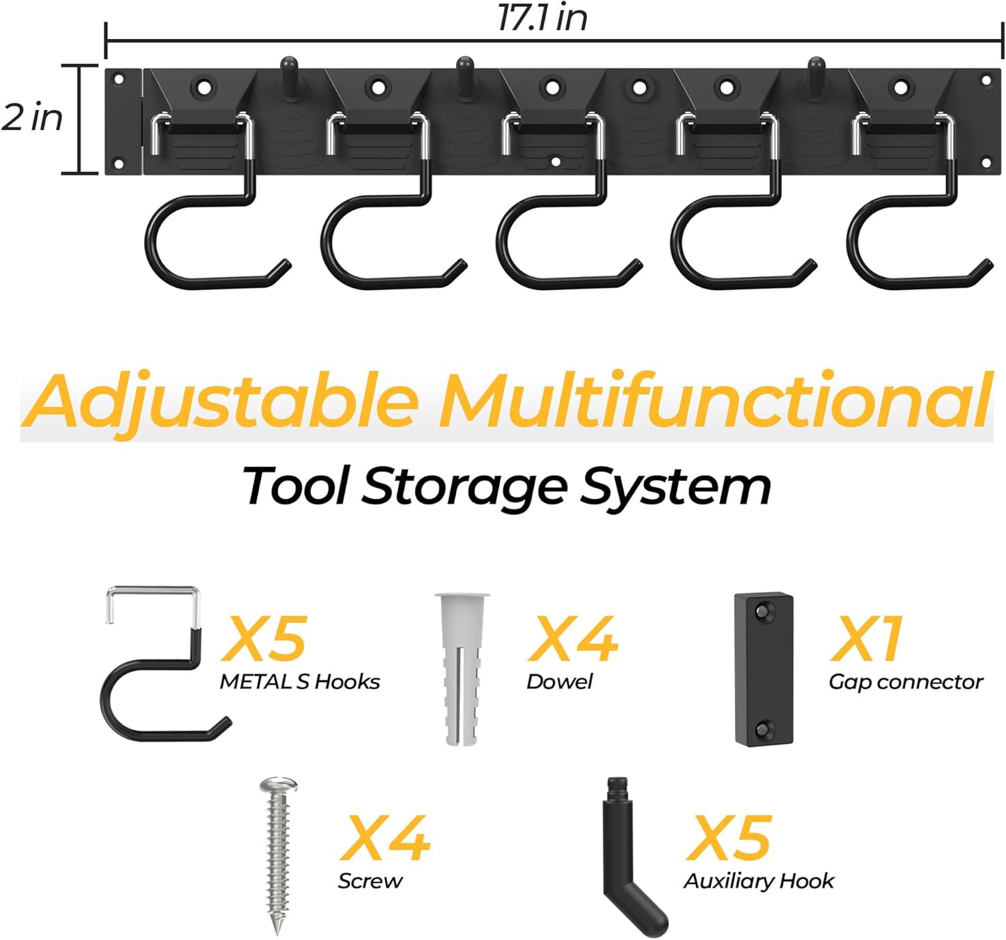 51 Inch Garden Tool Organizer Wall Mount with Non Slip Rubber Coated Metal Hooks, Storage Rack for Indoor/Outdoor Shovel, Rake, Mop and Broom Holder Wall Mount （ 15 Hooks+15 Holders