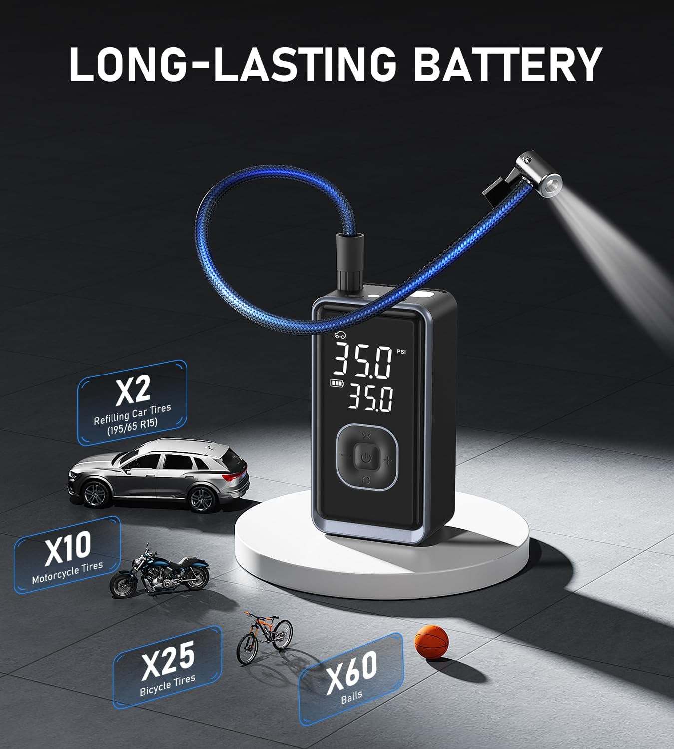 Tire Inflator Portable Air Compressor, 150PSI Cordless Mini Air Pump with Digital Pressure, Bike Pump, 3X Fast Inflation Tire Inflator for Car, Motorcycle, Bike, Ball-LED Light and Auto Shut-Off