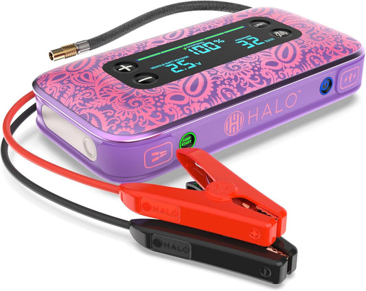 HALO Bolt Air+ 1750 Portable Car Battery Jump Starter | 130 PSI Air Compressor, 59.9Wh USB Power Bank, Large Display, Emergency Floodlight & Charger, Jumps Cars SUVs & Trucks, Inflates Tires — Purple