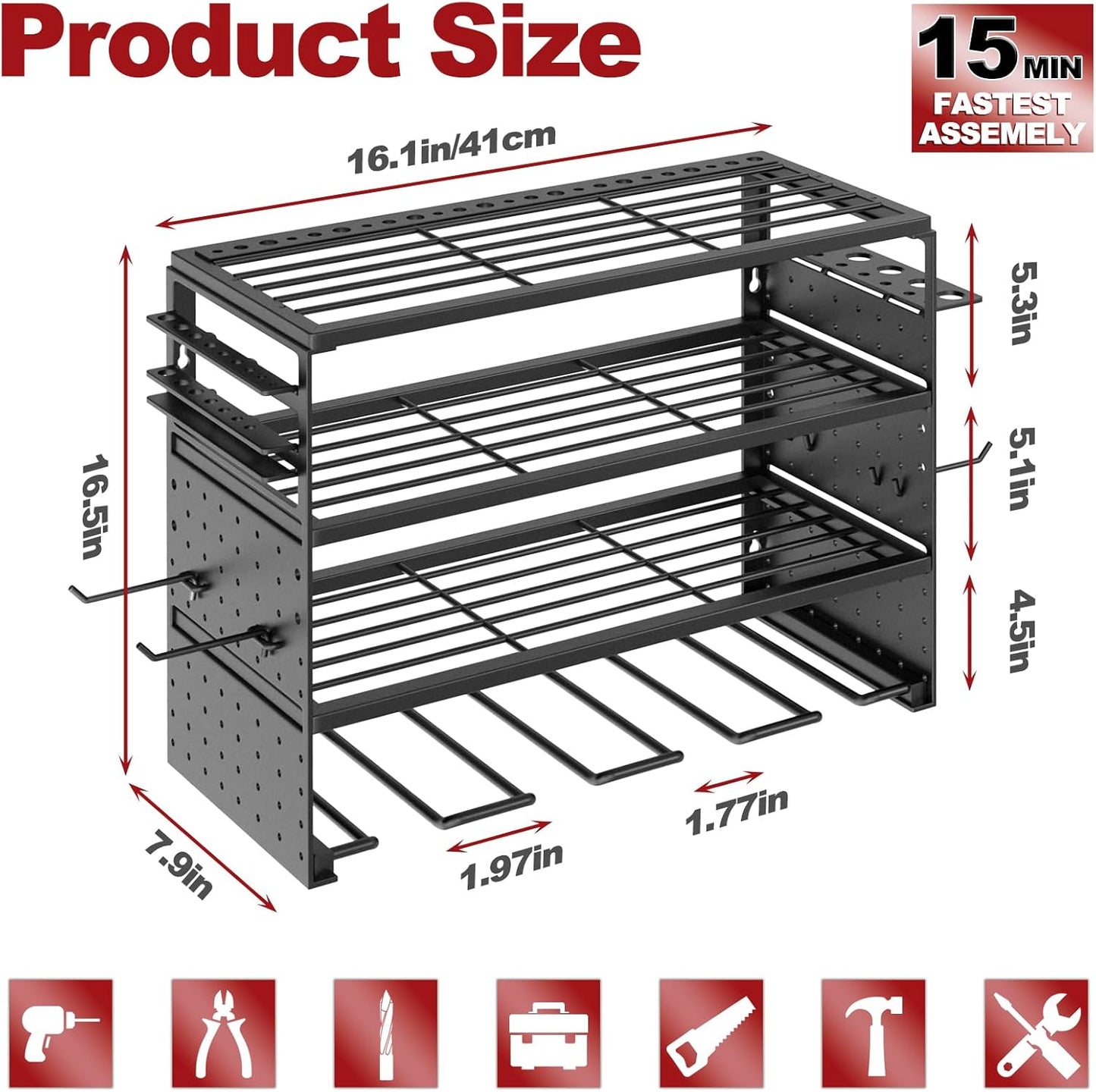Power Tool Organizer Wall Mount - 4 Layer Metal Power Tool Storage Rack, Cordless Drill Holder with 4 Hooks, Utility Storage Rack for Garage Workshop Shed Pegboard
