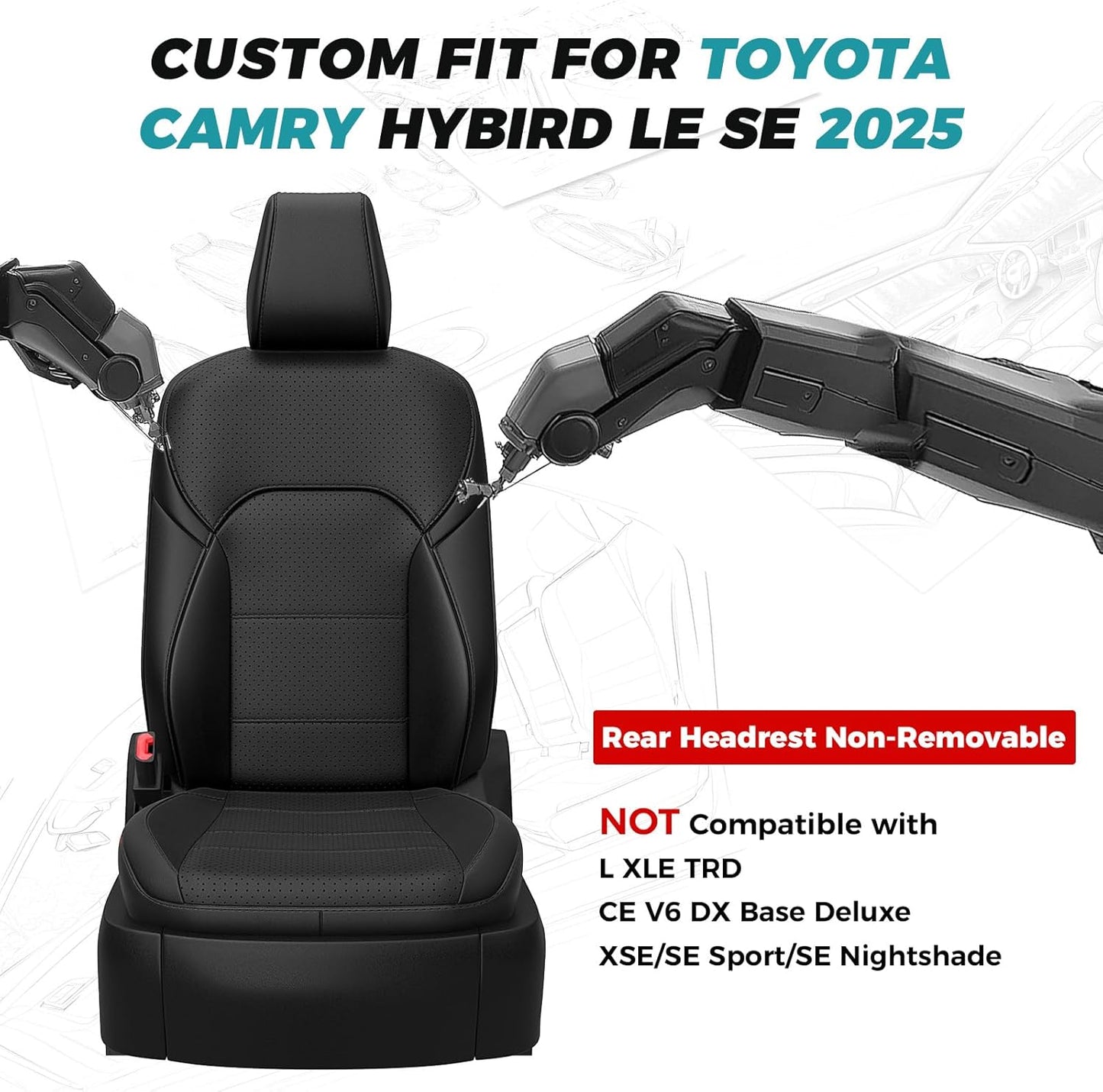 for Toyota Camry Seat Covers LE SE 2025 - Custom Fit Car Seat Covers Full Set, Leather Seat Covers for Cars, Waterproof Car Seat Cover, Black
