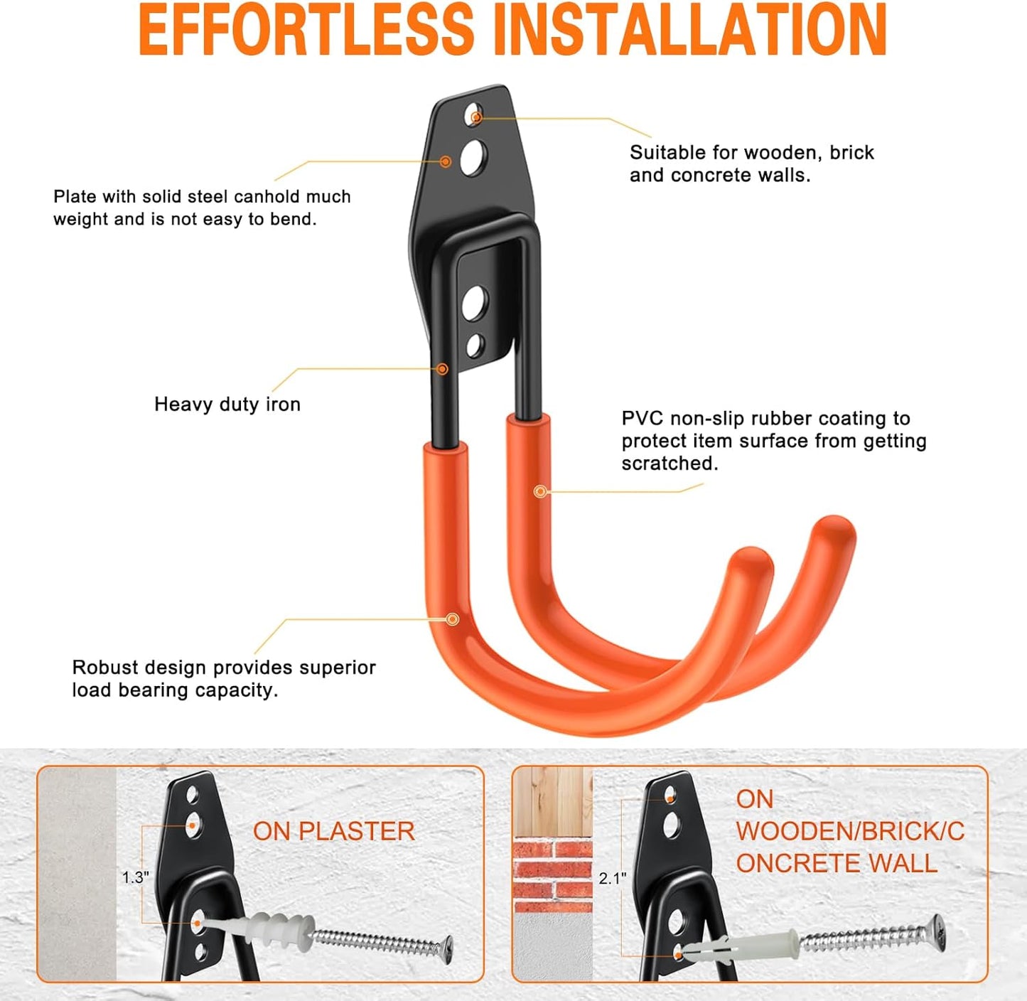 Heavy Duty Garage Hooks 4 Pack, J Shaped Hanger, Wall Mounted Storage System, Power and Garden Tool Organizer, for Hanging Ladders, Bikes Tires, Hose, Bulk Items
