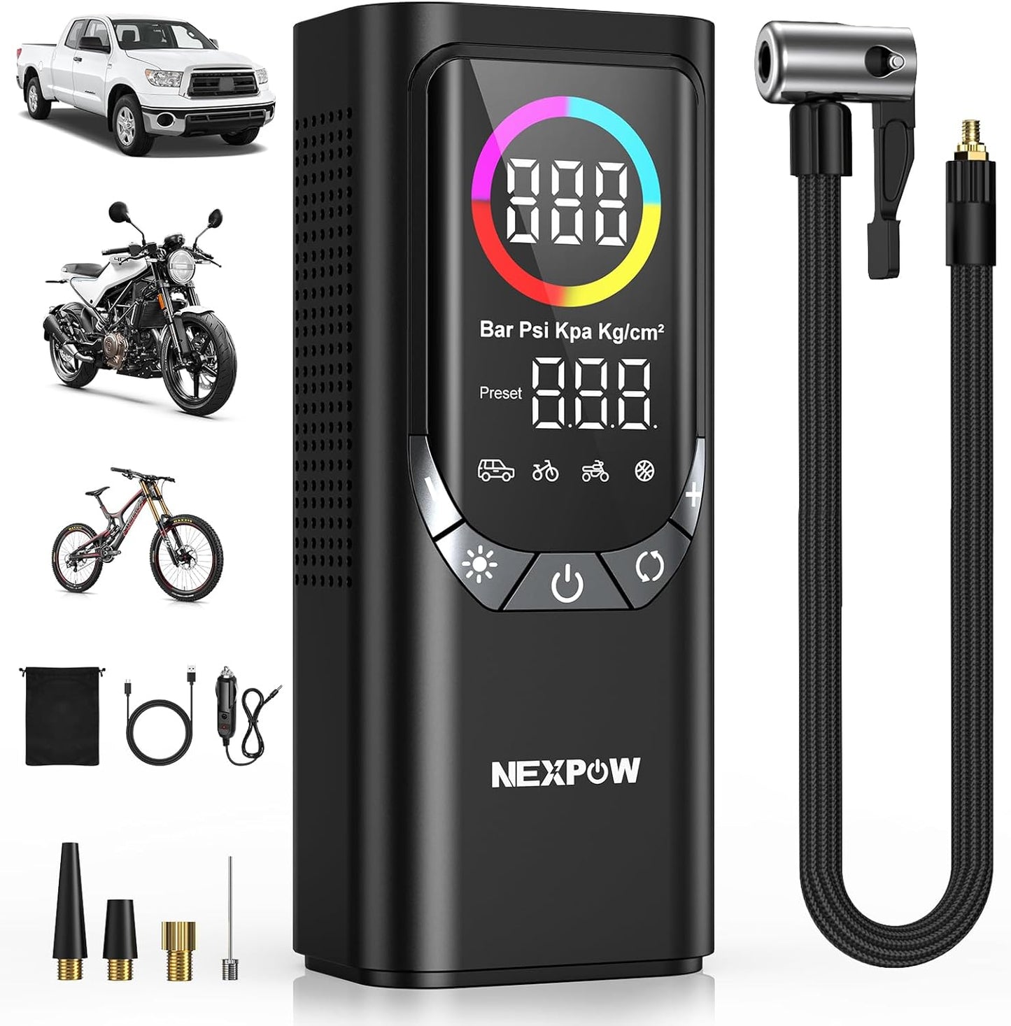 NEXPOW NP17 Portable Air Compressor, 150 PSI Digital Tire Inflator, Fast Inflation with Auto Shut-Off, LED Light, Multiple Nozzles for Car, Bike, and Ball, Compact Design, Grey