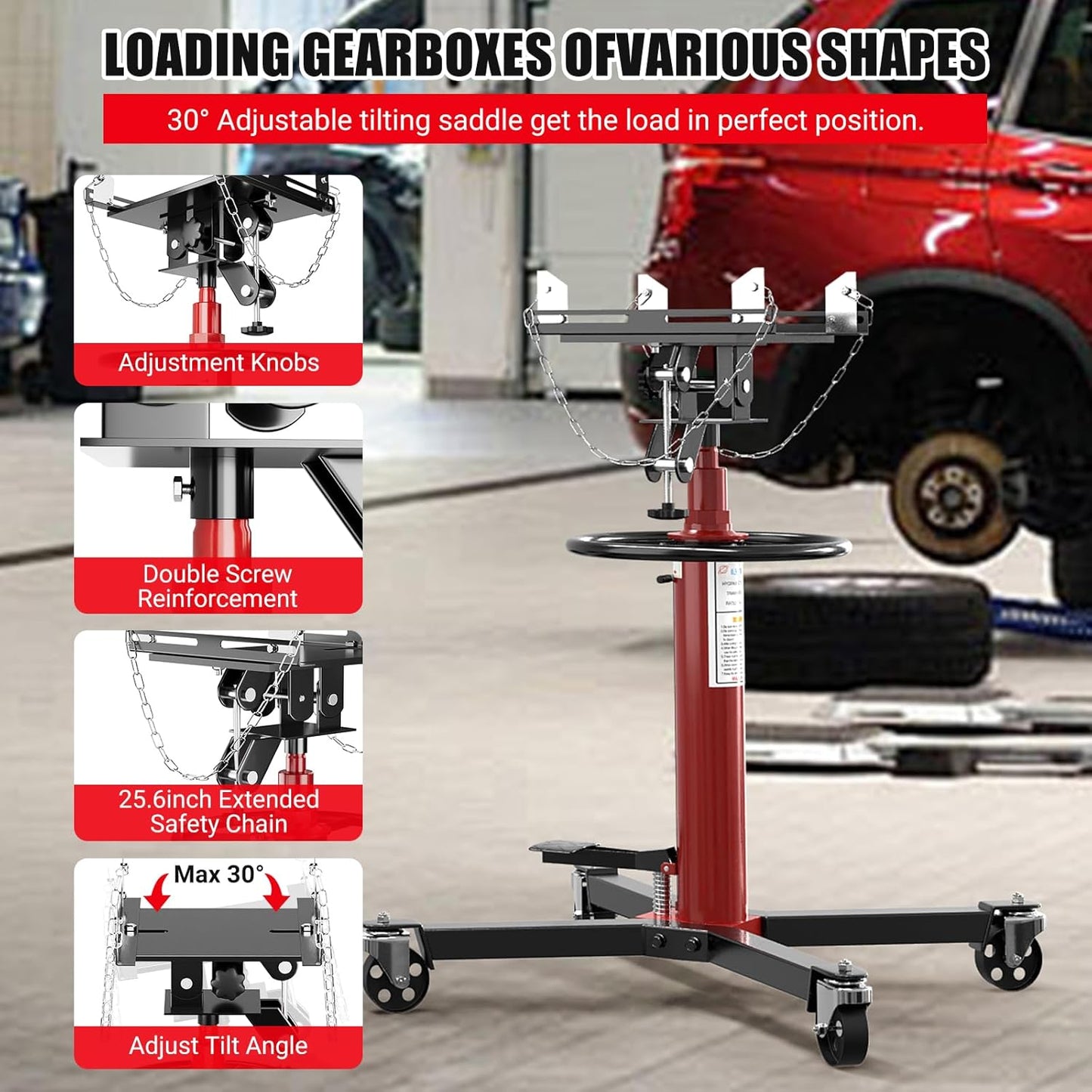 Transmission Jack, 1100lbs Hydraulic Telescoping Transmission Jacks, 33.5"-67" High Lift, 2-Stage Transmission Jack Stand 1/2 Ton Capacity with Foot Pedal, 360° Swivel Wheel