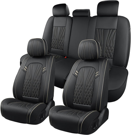 Leather Car Seat Covers 5 Pieces, Full Set Universal Seat Covers for Cars, Waterproof Nappa Leather Auto Seat Protectors, Black Car Seat Cover Most Sedans SUV Pick-up Truck Black&BeigeLine