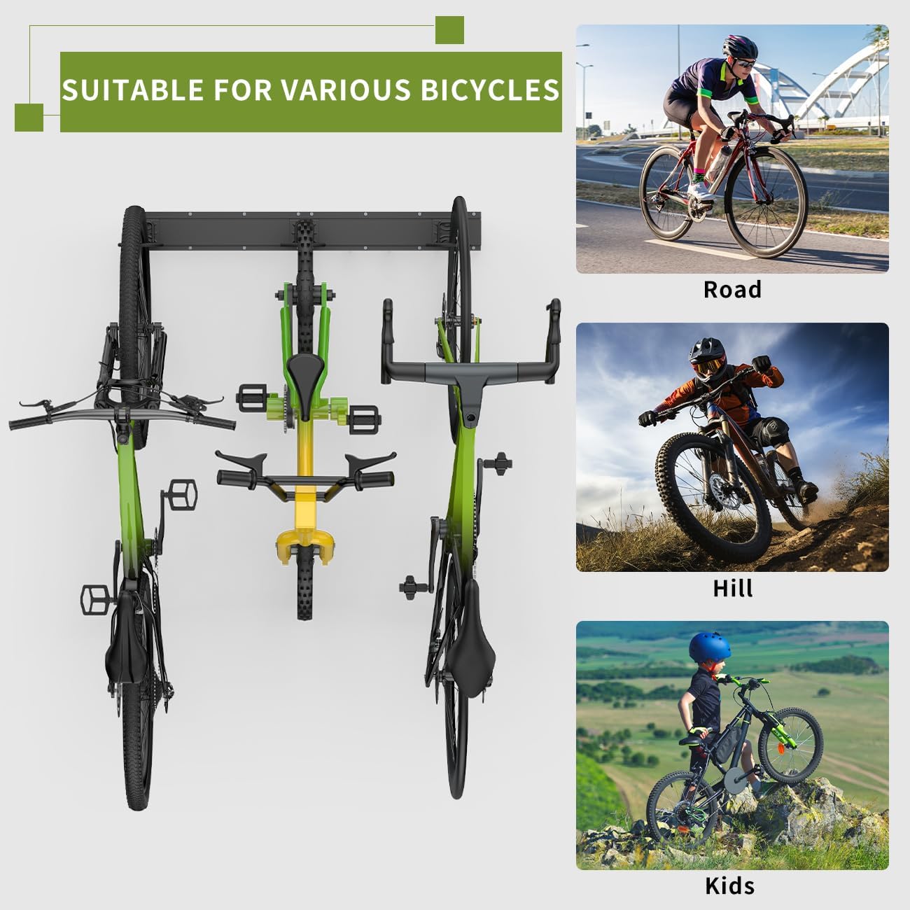 Bike Storage Rack 32Inch for 4 Bikes + 3 Helmets, Up to 300lbs, Heavy Duty Bike Hangers for Garage, Bike Hooks for Garage, Solid Steel Bicycle Storage, Bike Wall Mount, Black