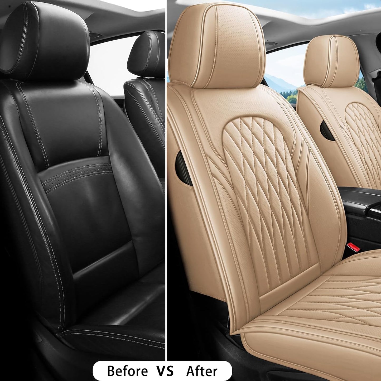 WELLDO Car Seat Covers Front Seats, Leather Seat Covers for Cars, Front Car Seat Protector Waterproof, Non-Slip Car Interior Covers Universal Automotive Seat Covers for Most Vehicle, Beige