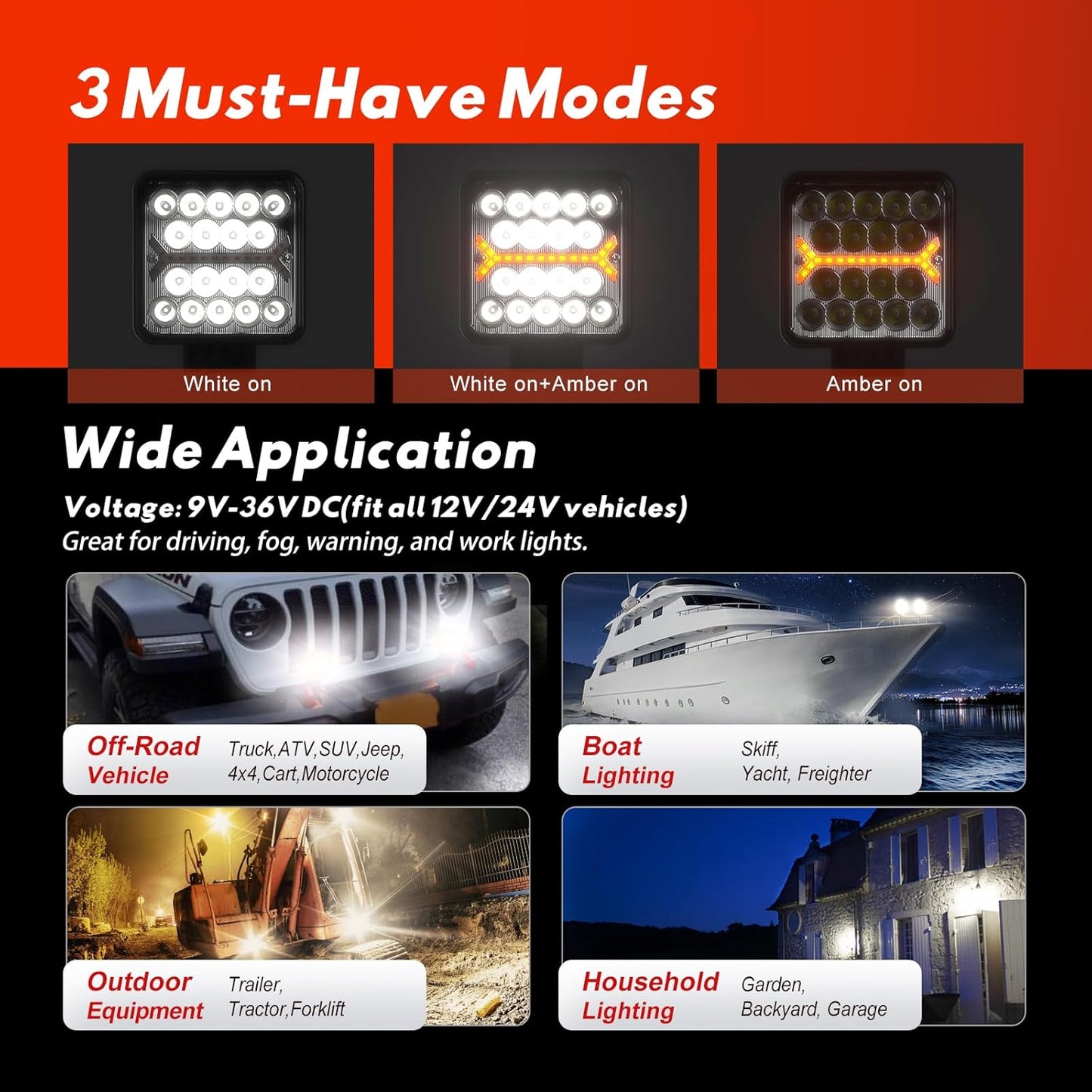 Firehawk LED Light Pods Bar 4 Inch 30000LM 60W Square Spot Flood Amber White Driving Offroad Fog Work Backup Bumper for Truck Jeep ATV UTV SUV Tractor Motorcycle 4x4 Cart Trailer Boat Waterproof 2PCS