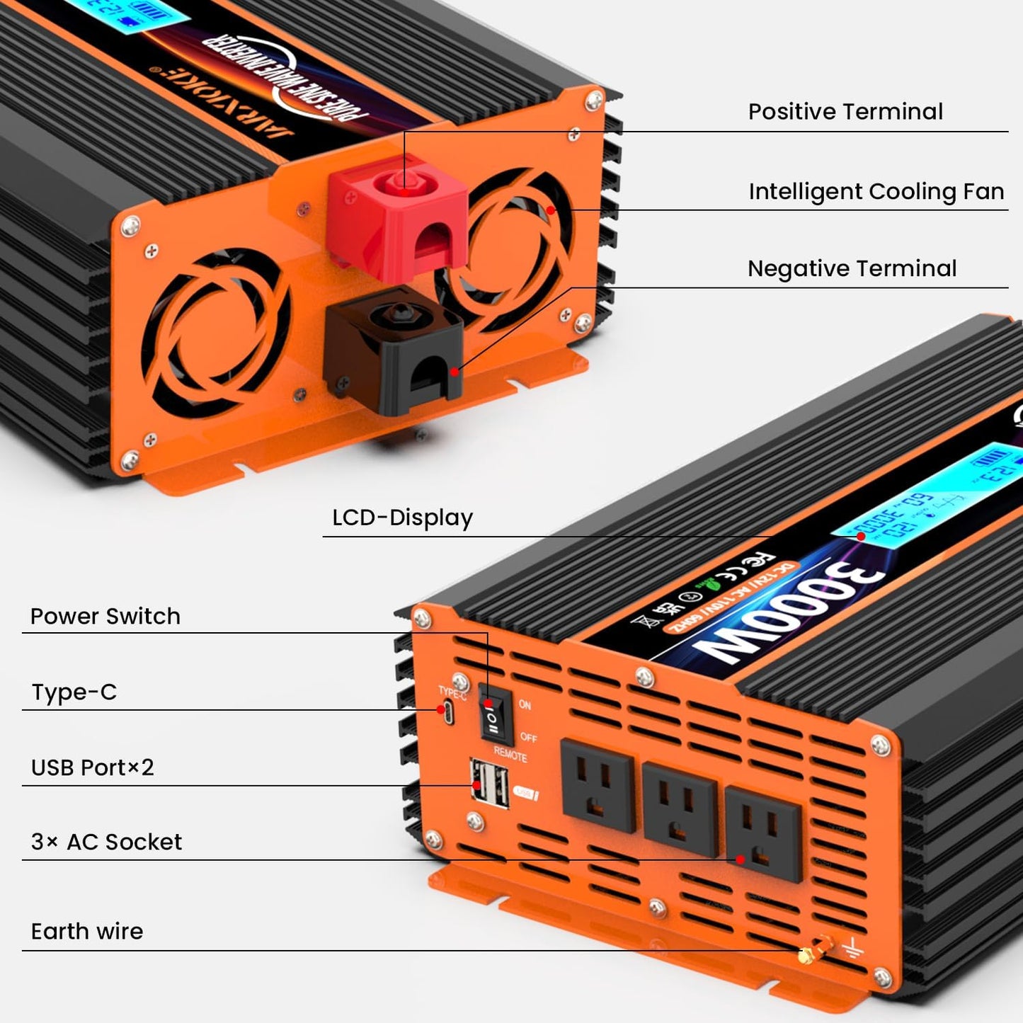 3000 Watt Pure Sine Wave Power Inverter 12V DC to 110V 120V Converter for Family RV Off Grid Solar System Car with Type-C Ports 4 AC Power Outlets Dual USB Ports LCD Display Wireless Remote Control