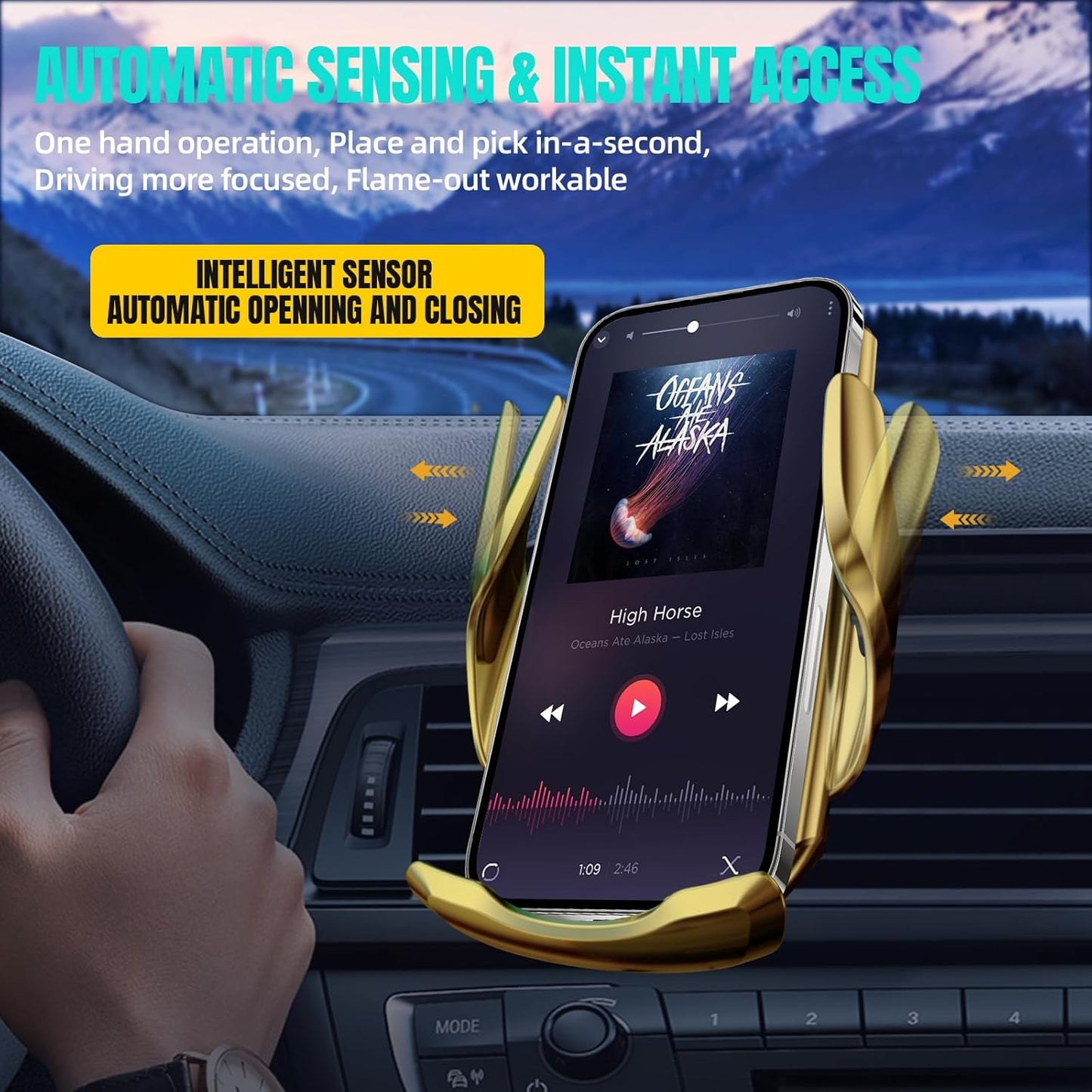 Wireless Car Charger, MAX 15W Fast Charging Auto Clamping, Sensing Phone Holder Mount, fit for iPhone 16 15 14 13 12 Pro Max Xs X, Samsung Galaxy S24 Ultra S23 S22 S21 S20 Note20 (5-Golden)