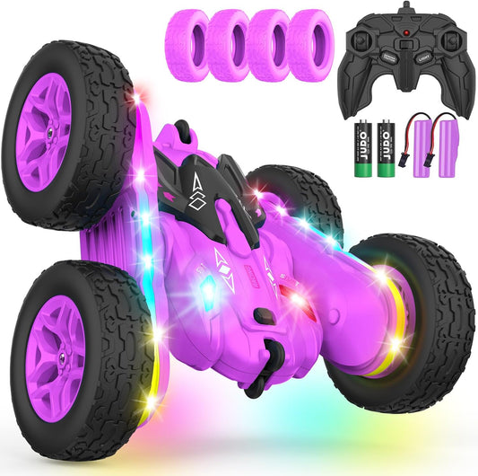 Remote Control Car, Rc Cars Stunt RC Car Toys New Upgraded Strip Lights and Headlights Girl Toys Double-Sided 360° Rotating 4WD Drift Truck for Boys Girls Birthday Gift (Purple)