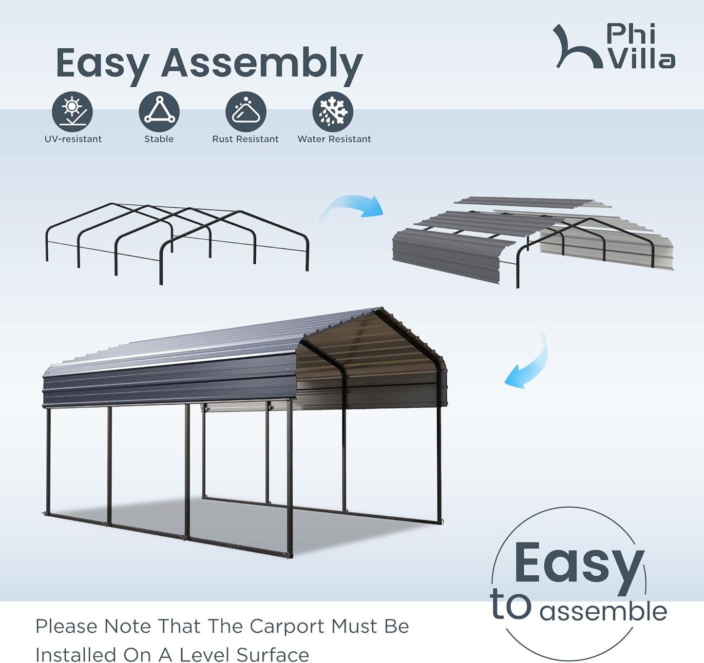 PHI VILLA 10 x 15 ft Heavy Duty Carport with Galvanized Steel Roof Multi-Use Shelter, Sturdy Metal Carport for Cars, Boats, and Tractors