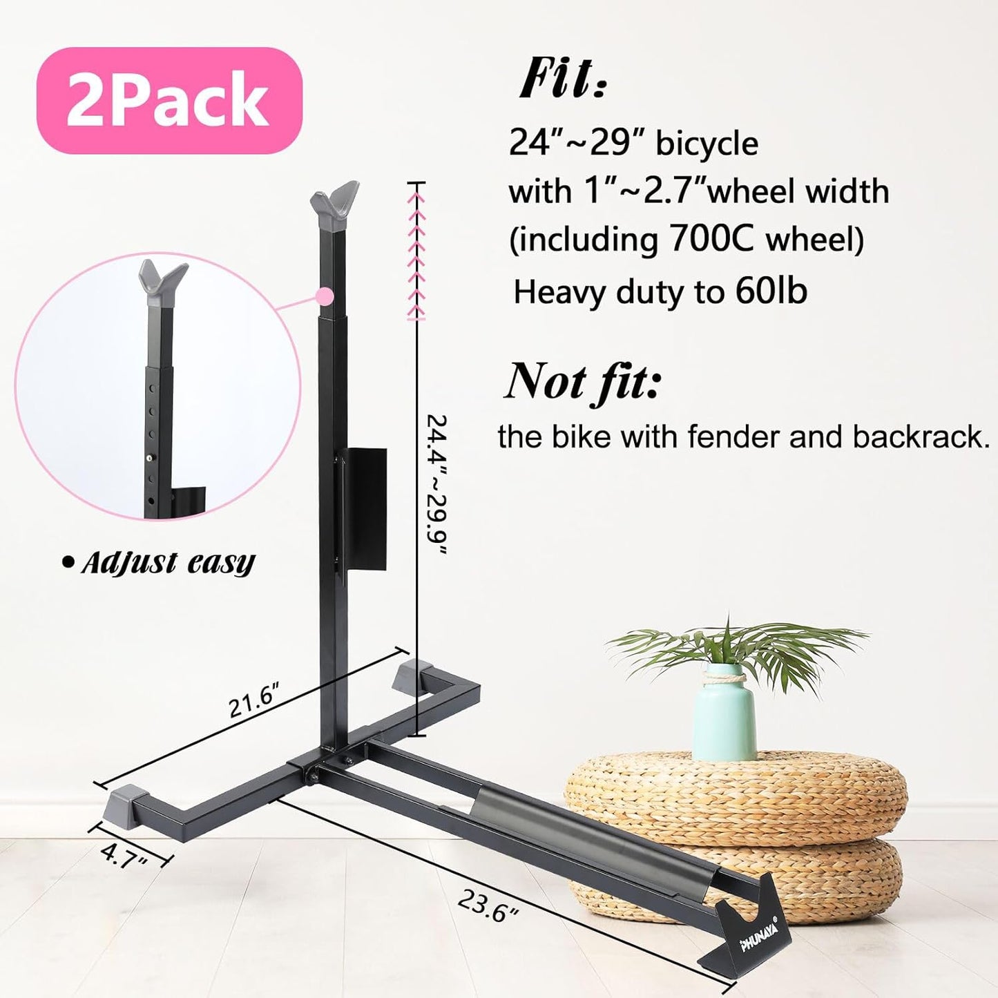 Bike Stand,Vertical Bike Rack For Indoor Bike Storage,Upright Bicycle Stand Floor.Heavy Duty Bike Holder With PVC Coating.Suit 24"-29" MTB,Hybrid and Road Bike,Patent Application. (2 Pack)