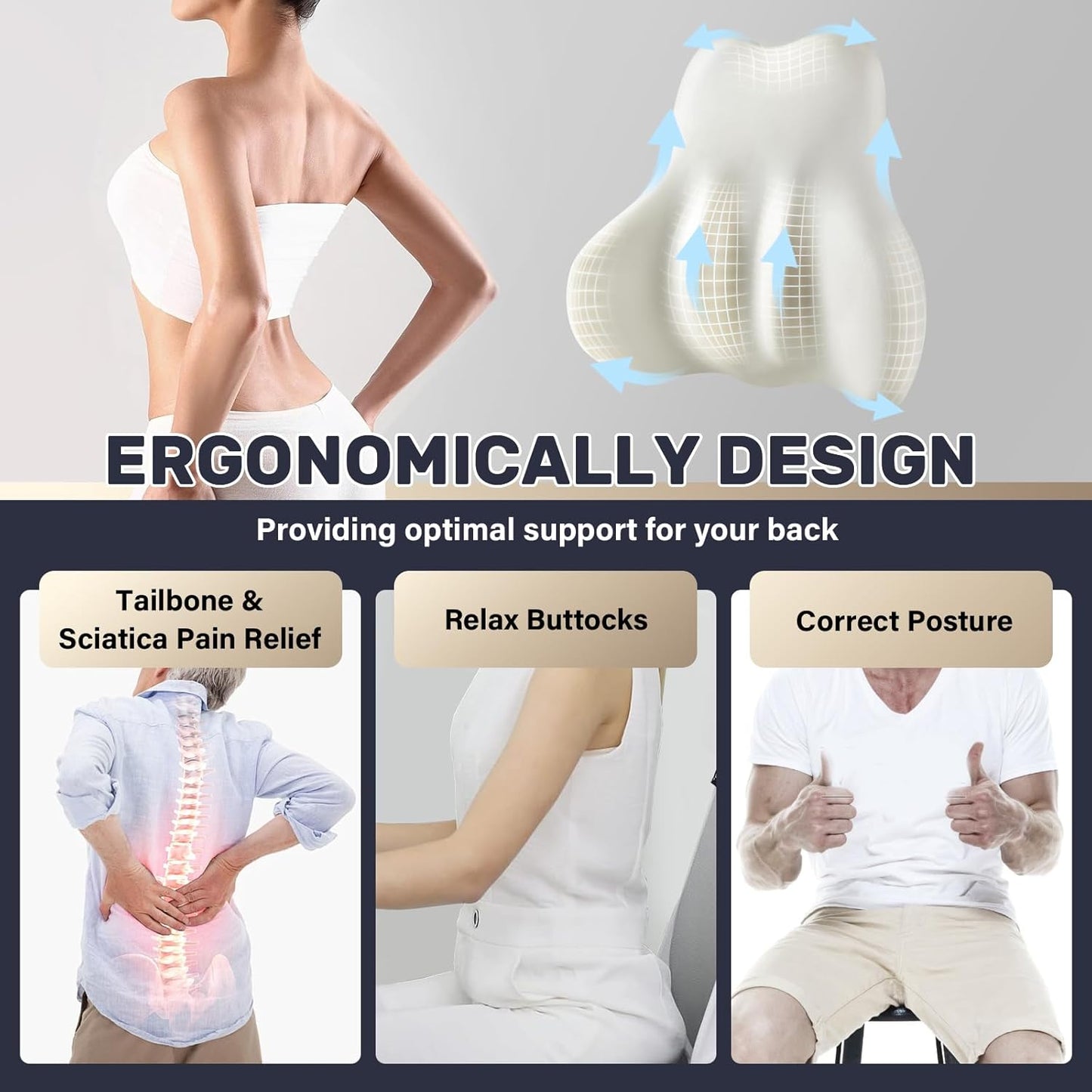 Coverado Lumbar Support Pillow for Car, Ergonomic Memory Foam Back Pillow for Office Chair, Back Cushion for Back Pain Relief, PU Leather Car Lumbar Support for Driving Seat - Gray