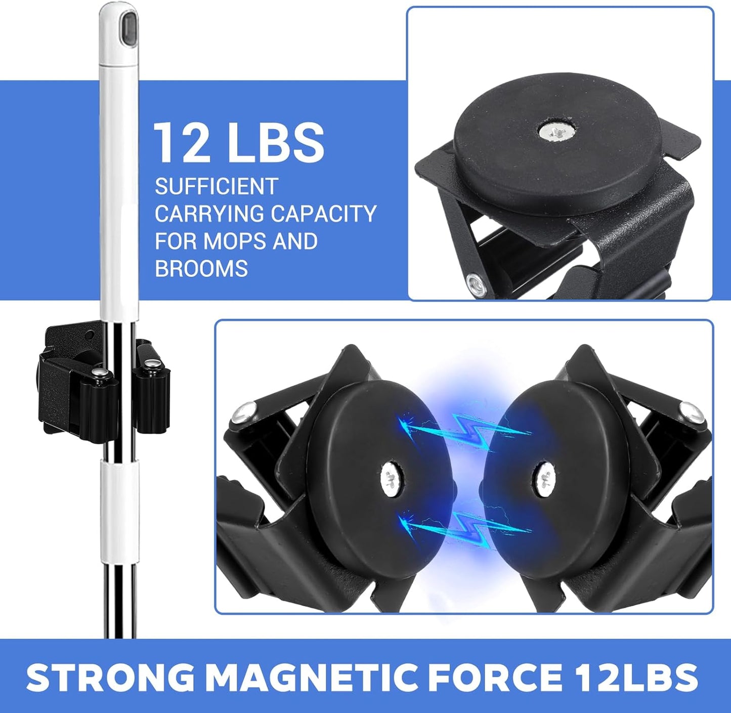 4 Pcs Magnetic Broom Holder, Mop and Broom Holders Wall Mount Heavy Duty Anti-Slip Magnetic Tool Holder with Rubber Grippers for Garage Laundry Kitchen RV Accessories