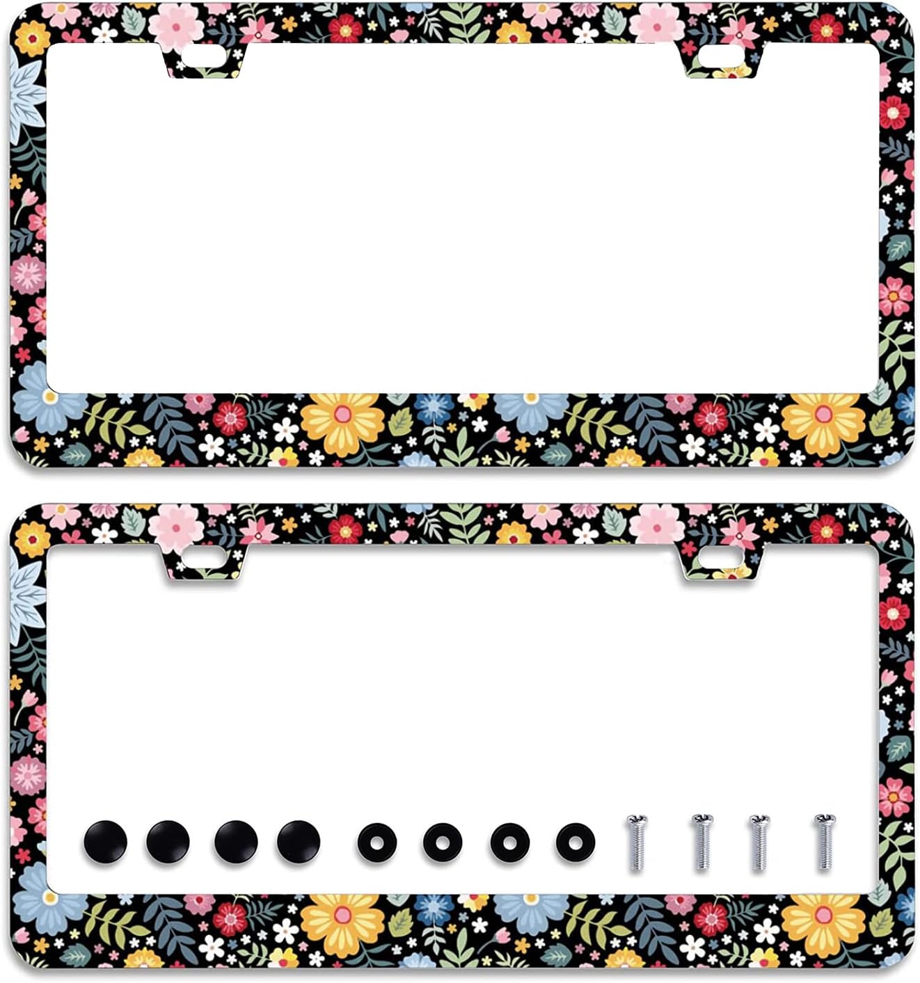2Pcs Colorful Floral Flowers License Plate Frame Personalise Cute License Plate Frames Car License Plate Accessories Screws Decor for Standard Us Canada License Plate Holder 12"x6"
