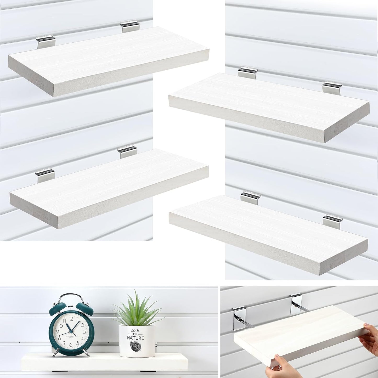 4 Pack Wooden Slatwall Shelf, 16.1" D x 6.7" W x 1.1" H Slatwall Shelves with Metal Hooks Organizer Set Mounted Accessories for Garage Home Workshop Workbench