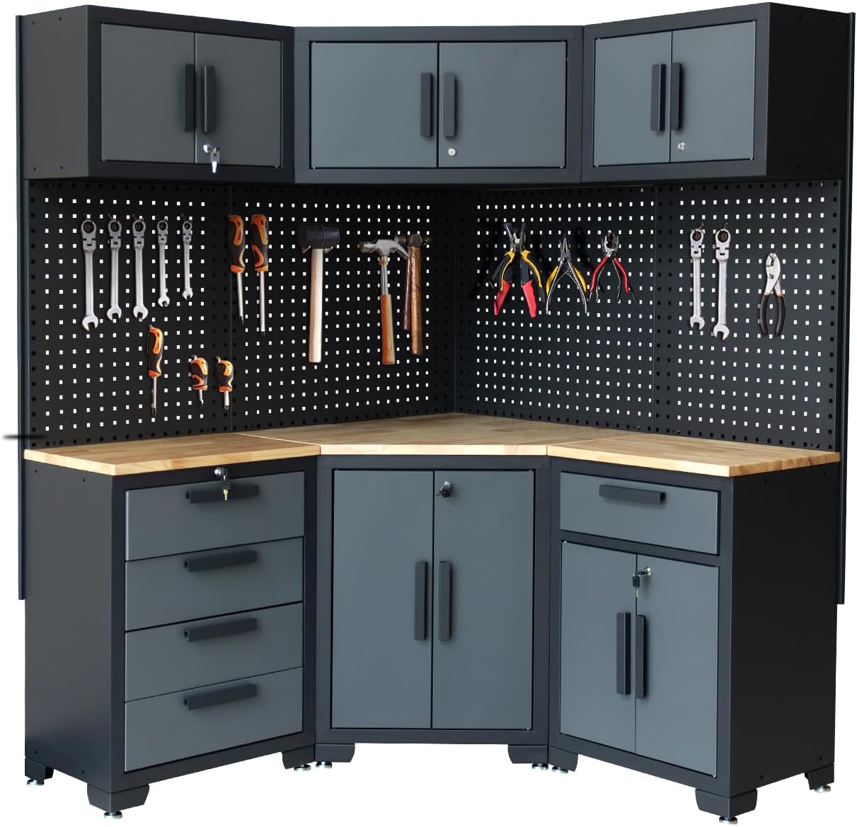 Corner Workshop Set - Garage Cabinets and Storage System with Corner Cabinet, Cabinet Drawers, Workbench, Pegboard for Tool Organization - Black and Grey