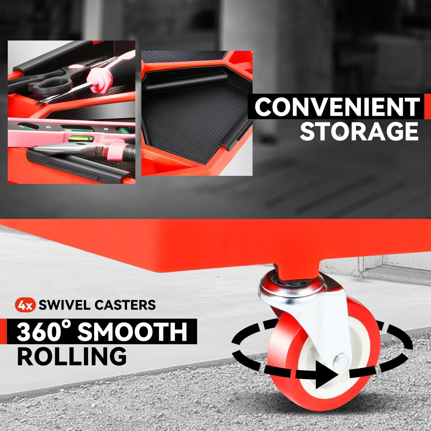 Auto Dynasty Mechanic Stool, Adjustable Rolling Pneumatic Creeper Garage Shop Seat with Tool Tray, 300 LBS Roller Seat for Workshop Auto Repair, Adjustable Height 15.7" to 21", Black/Red