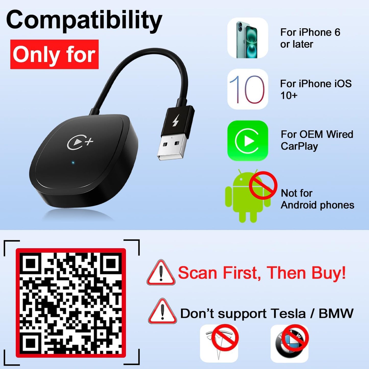 Wireless CarPlay Adapter, CarPlay Wireless Adapter Supports Netflix, YouTube, and Tiktok Stream Media Play, for OEM Wired CarPlay to Wireless Dongle, Fits for Cars from 2016 & iOS 10+ Phone