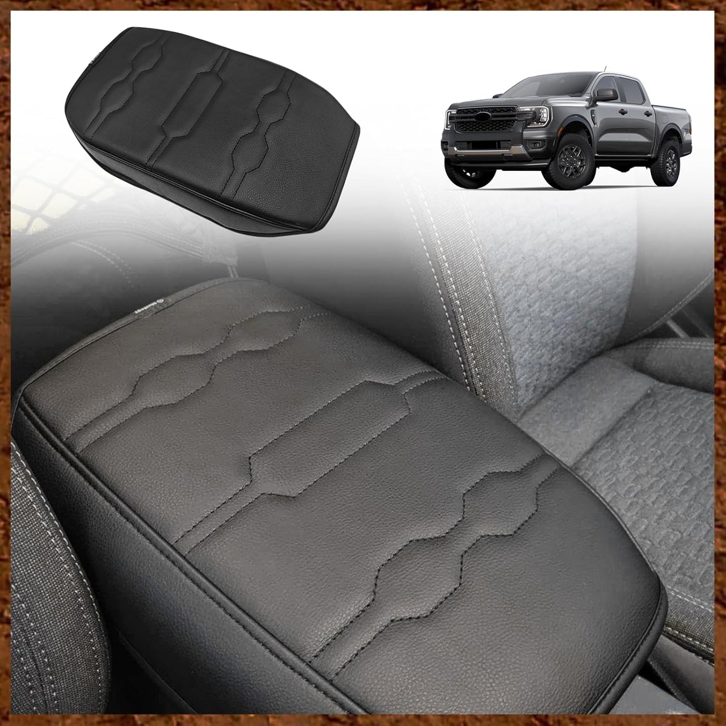 Muslogy Center Console Armrest Cover Compatible with Ford Ranger 2024 2025 Accessories Comfort Armrest Pad Cushion Box Lid Cover Vegan Leather Protector Regular Thick(Black/Black Stitching)