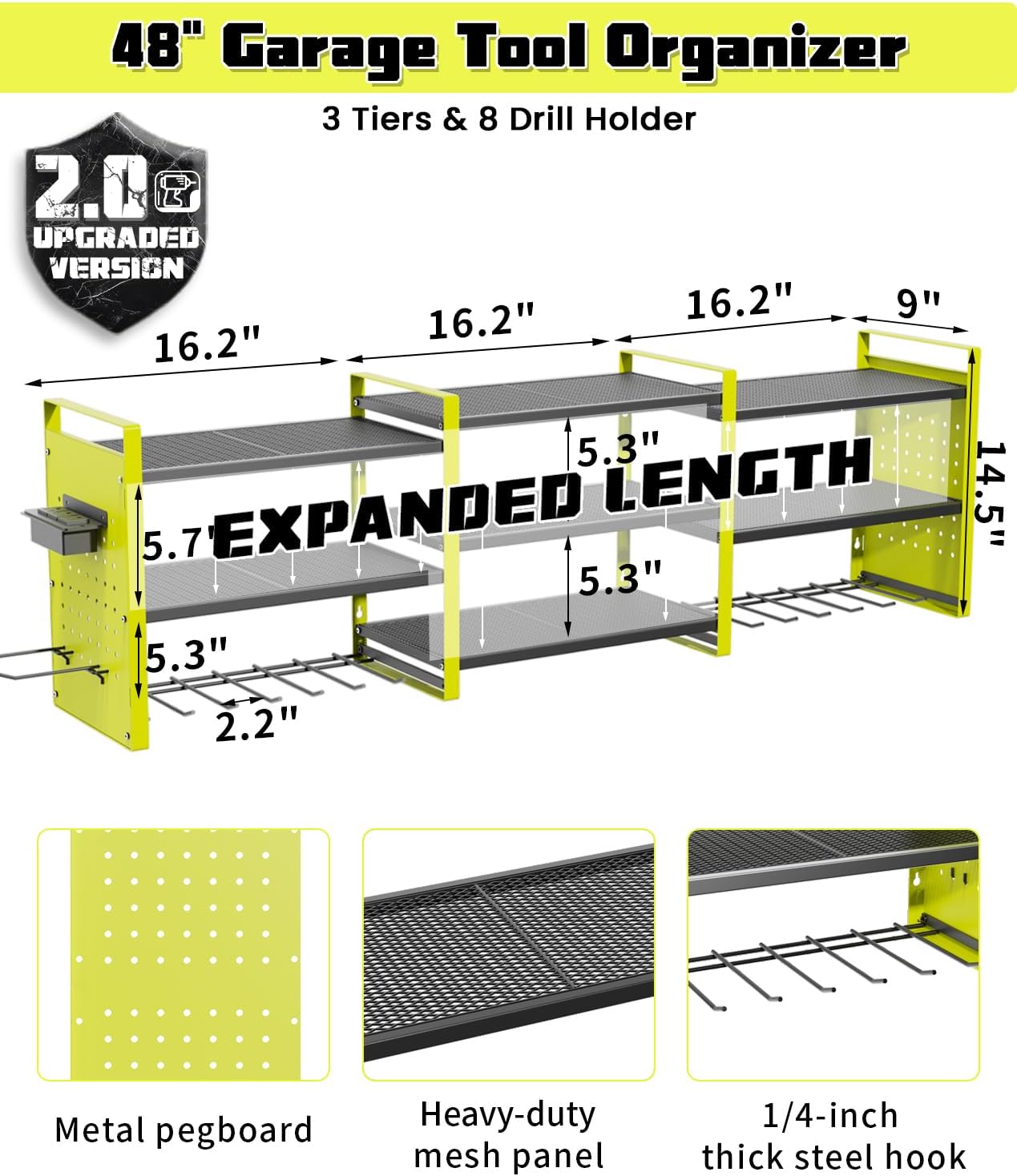 Heavy-Duty 48" Wall Mount Power Tool Organizer with Charging Station – 3-Tier Garage Organization Rack for Drills, Wrenches & Tools – Includes 16 Hooks & Pegboard Sides