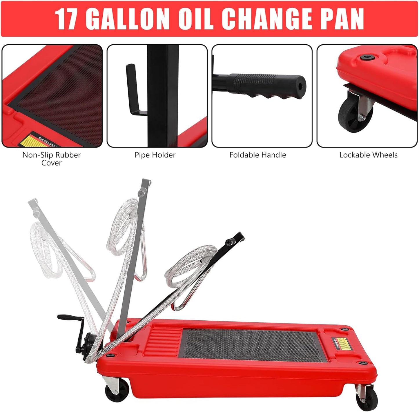 ‌17 Gal Low Profile Oil Drain Pan, Heavy Duty Mobile Oil Changing Pan with Hand Pump, 8 Ft Hose & Quick Drain Valve, Leak-Proof Design for Truck Car Motorcycle, Garage Workshop Use