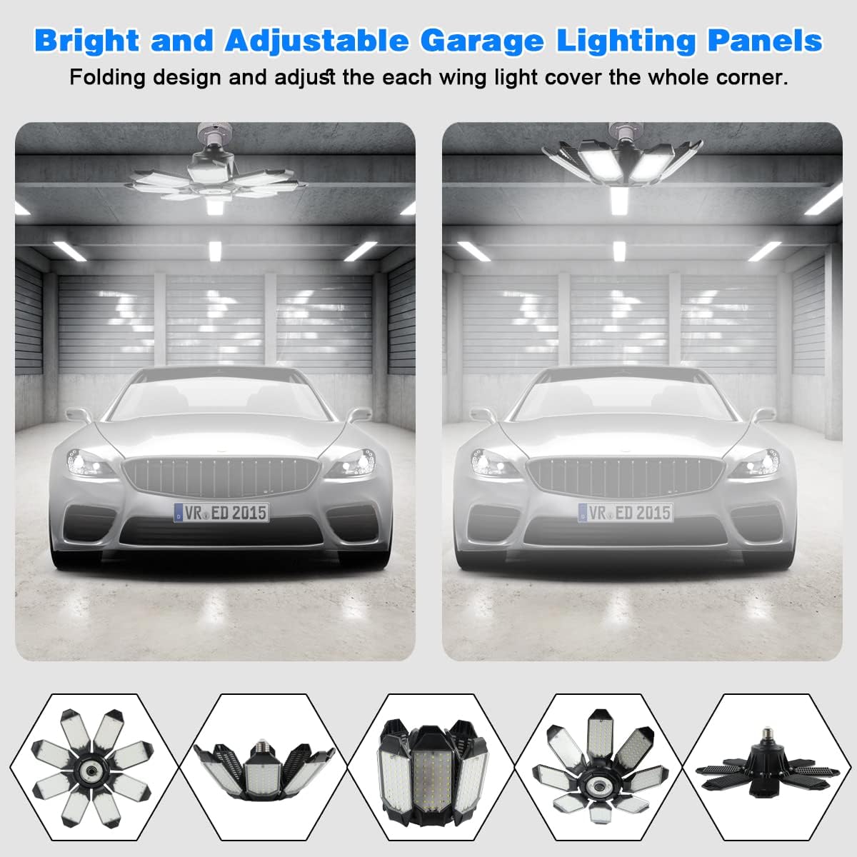 Garage Lights - 40000LM Super Bright Garage Lights Ceiling Led w/ 8 Deformable Panels Compatible for E26/E27 Screw in Socket Garage Lighting Bulb for Barn Basement Shops Attic - 2Pack
