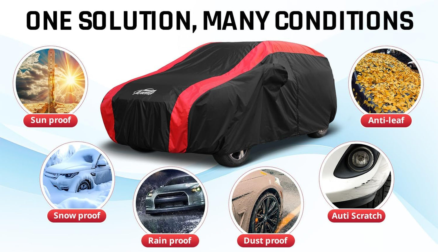Full Exterior Covers for Waterproof Protection with Red Stripe Design,SUV Car Covers for Automobiles Universal Fit Nissan Kicks, Subaru Crosstrek, Jeep Compass Liberty, Kia Soul Sportage