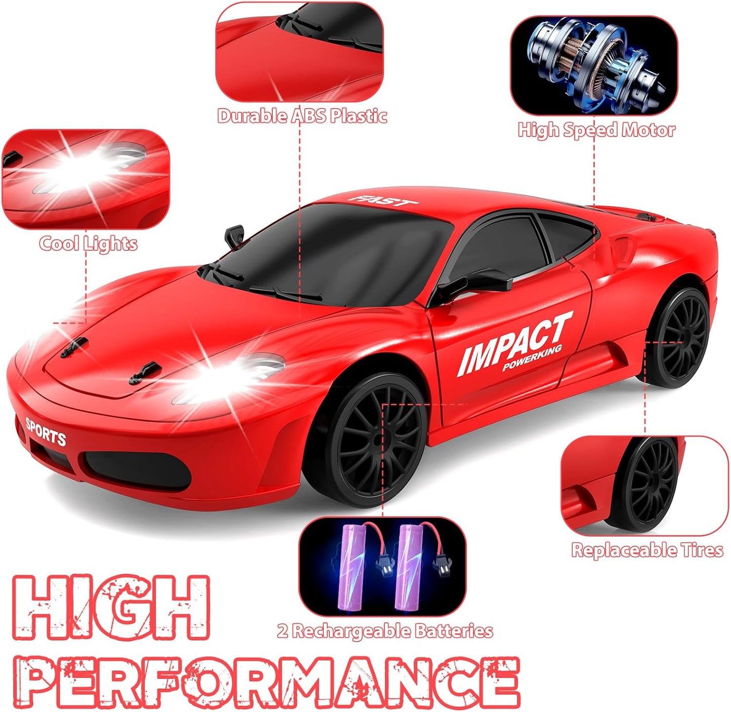 RC Drift Car, 2.4GHz Remote Control Cars 1/24 4WD High Speed Drift Car with LED Lights and Dritfing Tires Vehicle Racing Toy Cars with Two Batteries for Boys Girls Adults Kids (Red)