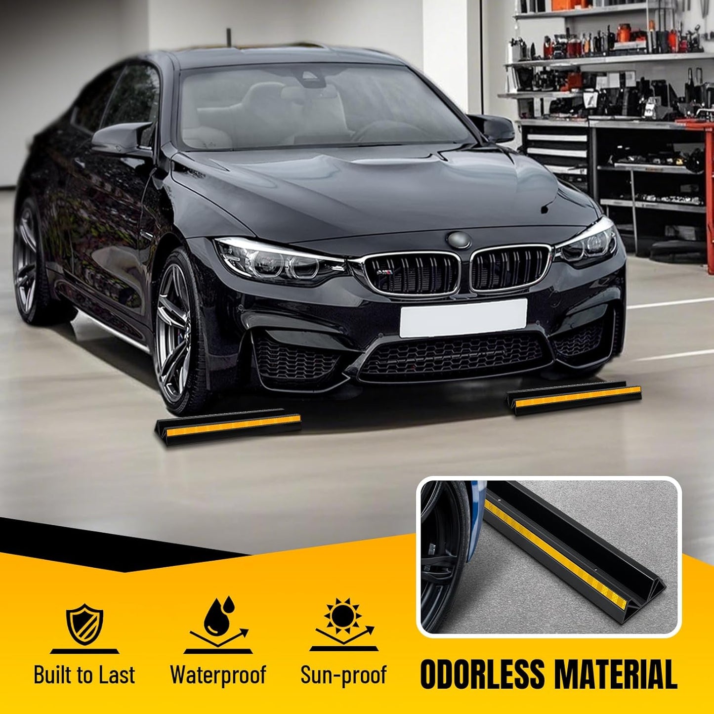 2 Pcs 18'' Parking Car Wheel Stopper for Garage with 2 Installation Methods, Heavy Duty Tire Stops with Reflective Tapes, Car Parking Aids for Garage, Easy to Install