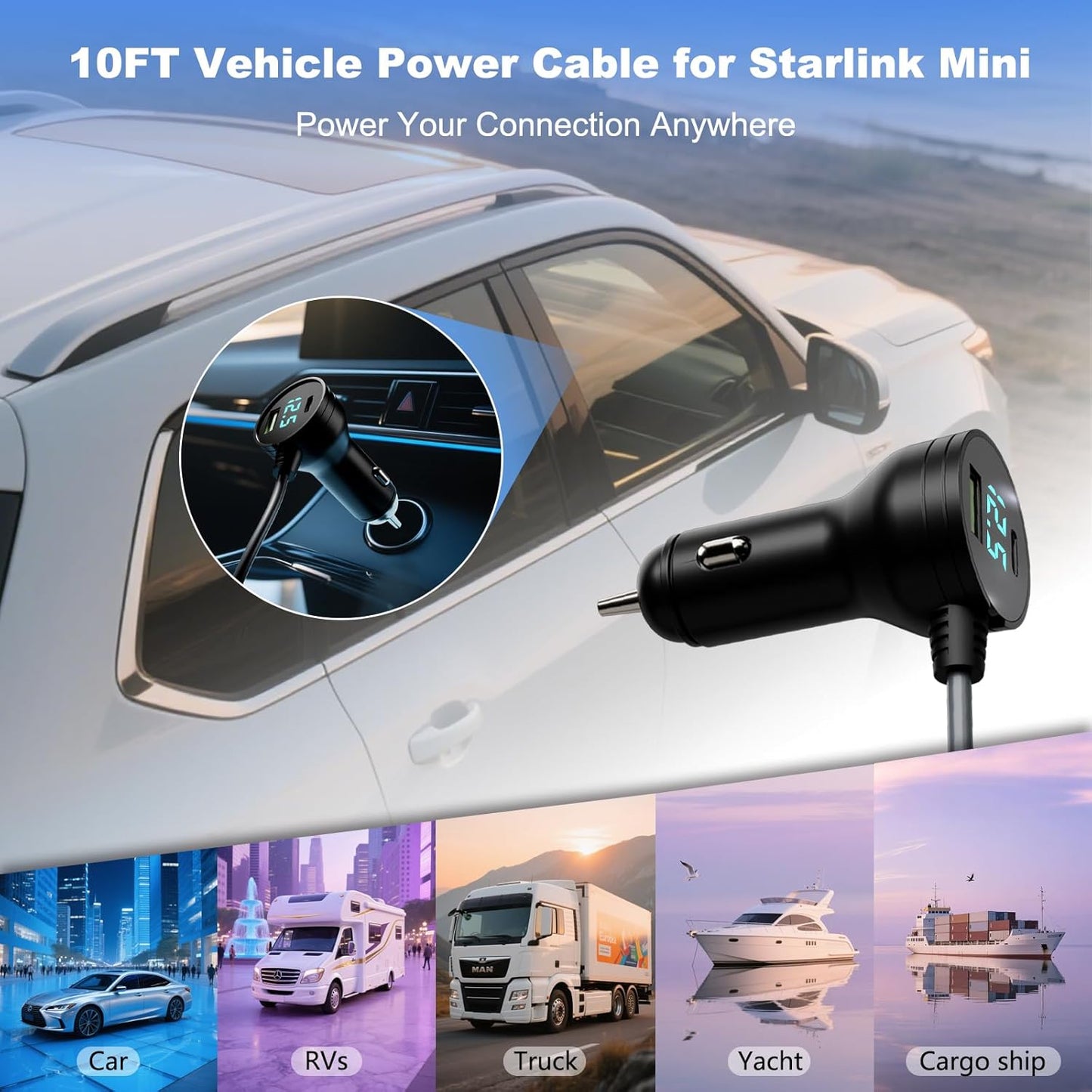 Starlink Mini Car Adapter 3M/10FT, Starlink Cable Car Charger 12V-24V, Starlink Mini Cigarette Lighter Adapter with Digital Display, Built-in Protections Starlink Accessories