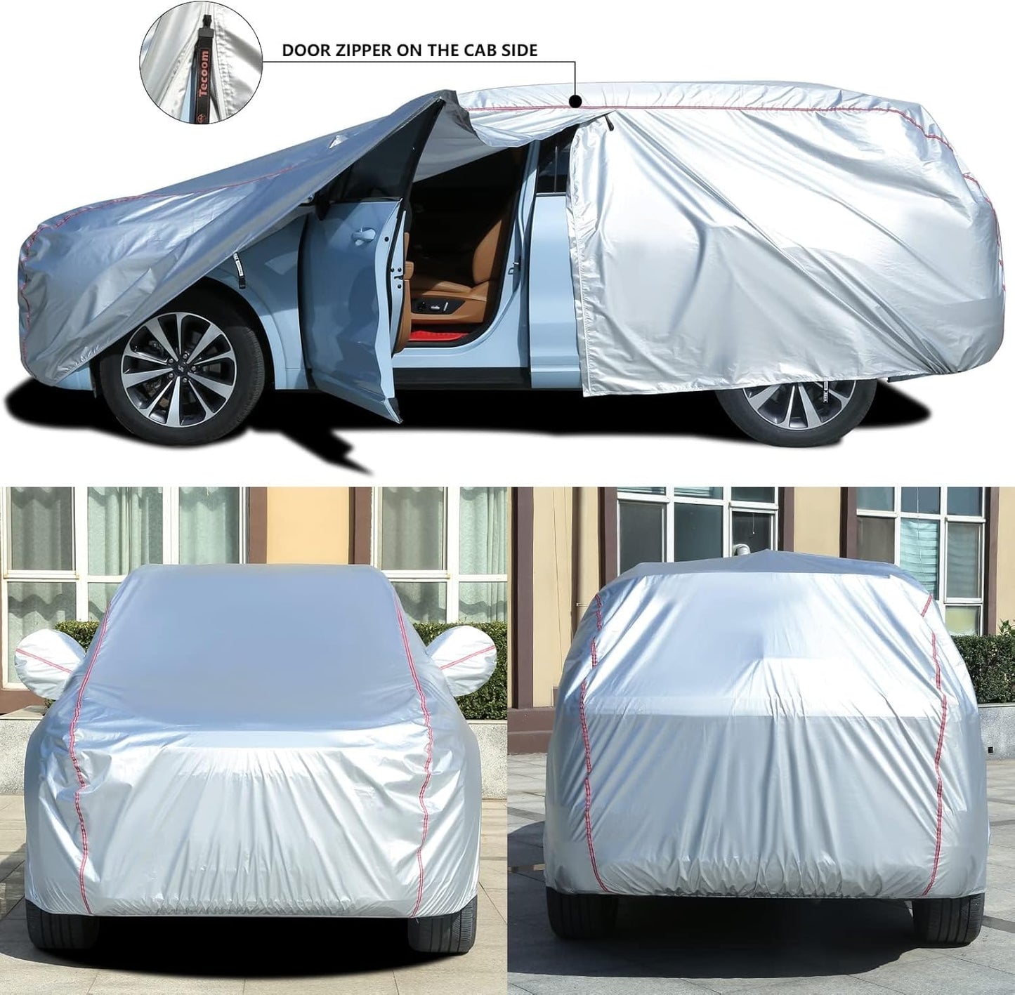Tecoom Hard Shell Zipper Design Waterproof UV-Proof Windproof Car Cover for All Weather Indoor Outdoor Fit 216-230 Inches Full-Size SUV/Van